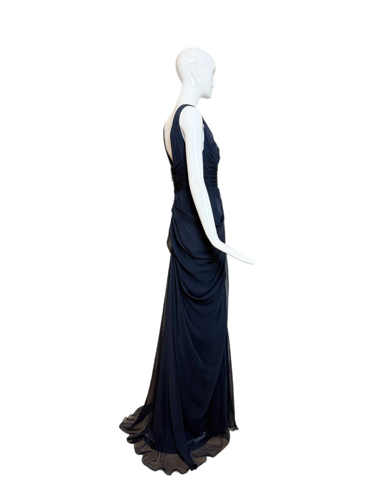 J. MENDEL Vintage Plunge Neckline Navy Blue Silk Grecian Evening Gown w.  Train at 1stDibs