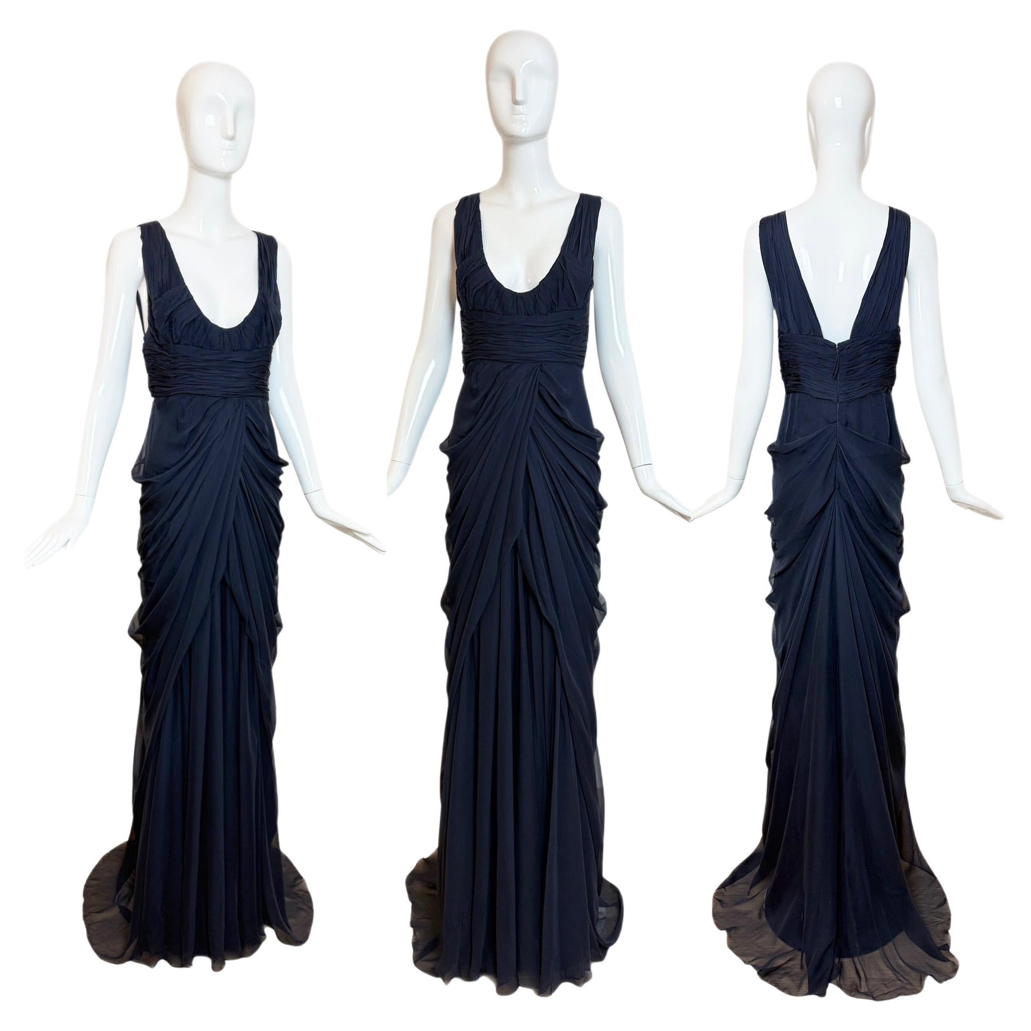 J. MENDEL Vintage Plunge Neckline Navy Blue Silk Grecian Evening Gown w. Train For Sale