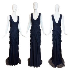 J. MENDEL Vintage Plunge Neckline Navy Blue Silk Grecian Evening Gown w. Train J. MENDEL Vintage Plunge Neckline Navy Blue Silk Grecian Evening Gown w. Train