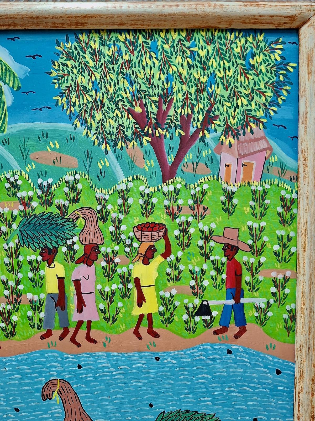 A Haitian Country Scene - Folk Art Painting by J. Mesidor