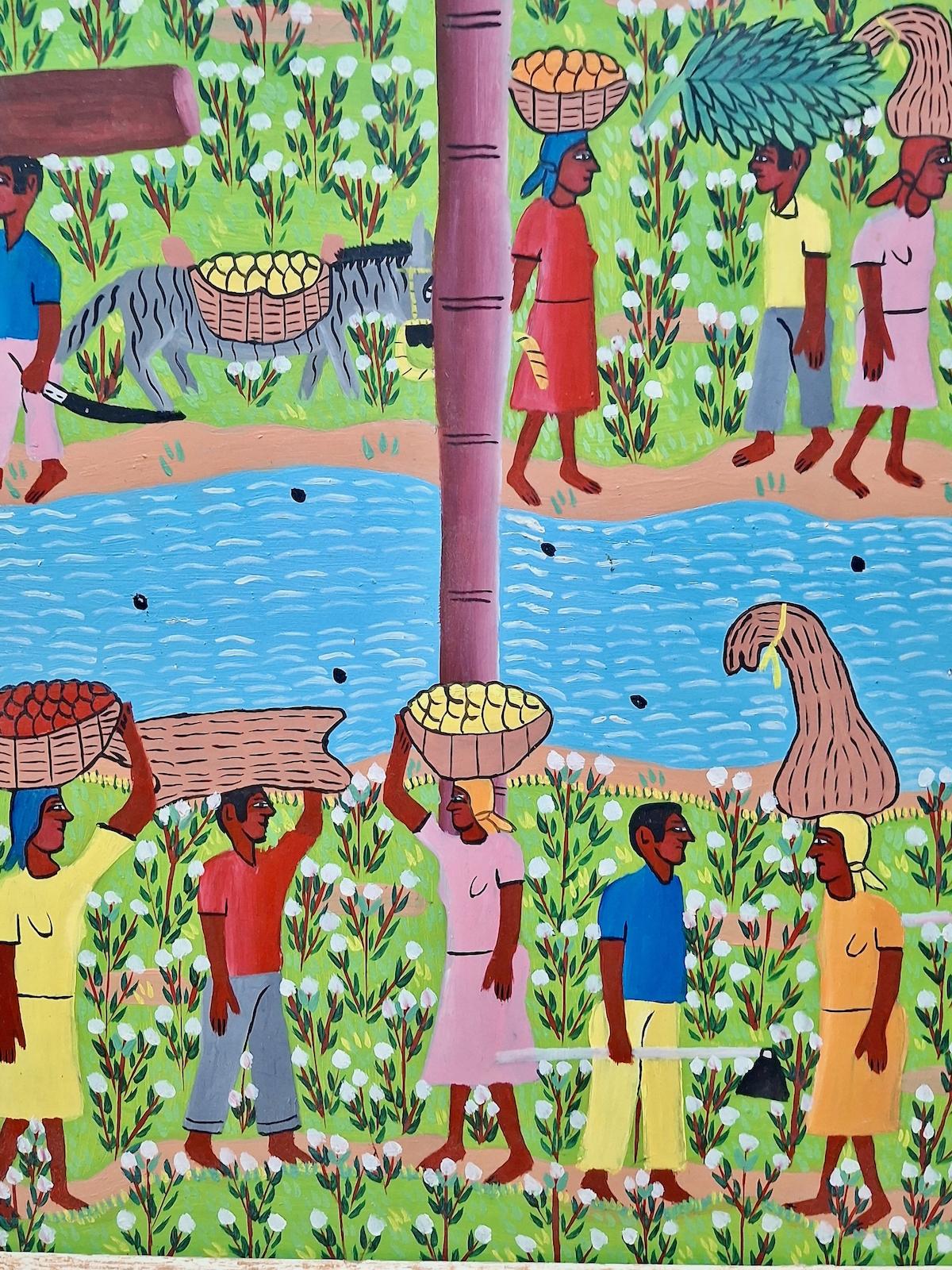 Haitian artist Jacksin Mésidor painted this from his Caribbean coastal hometown of Cap-Haitien in the north of his native land. As Haitian folk art, the painting delivers an architype of what might otherwise be an everyday rural scene. Mésidor has