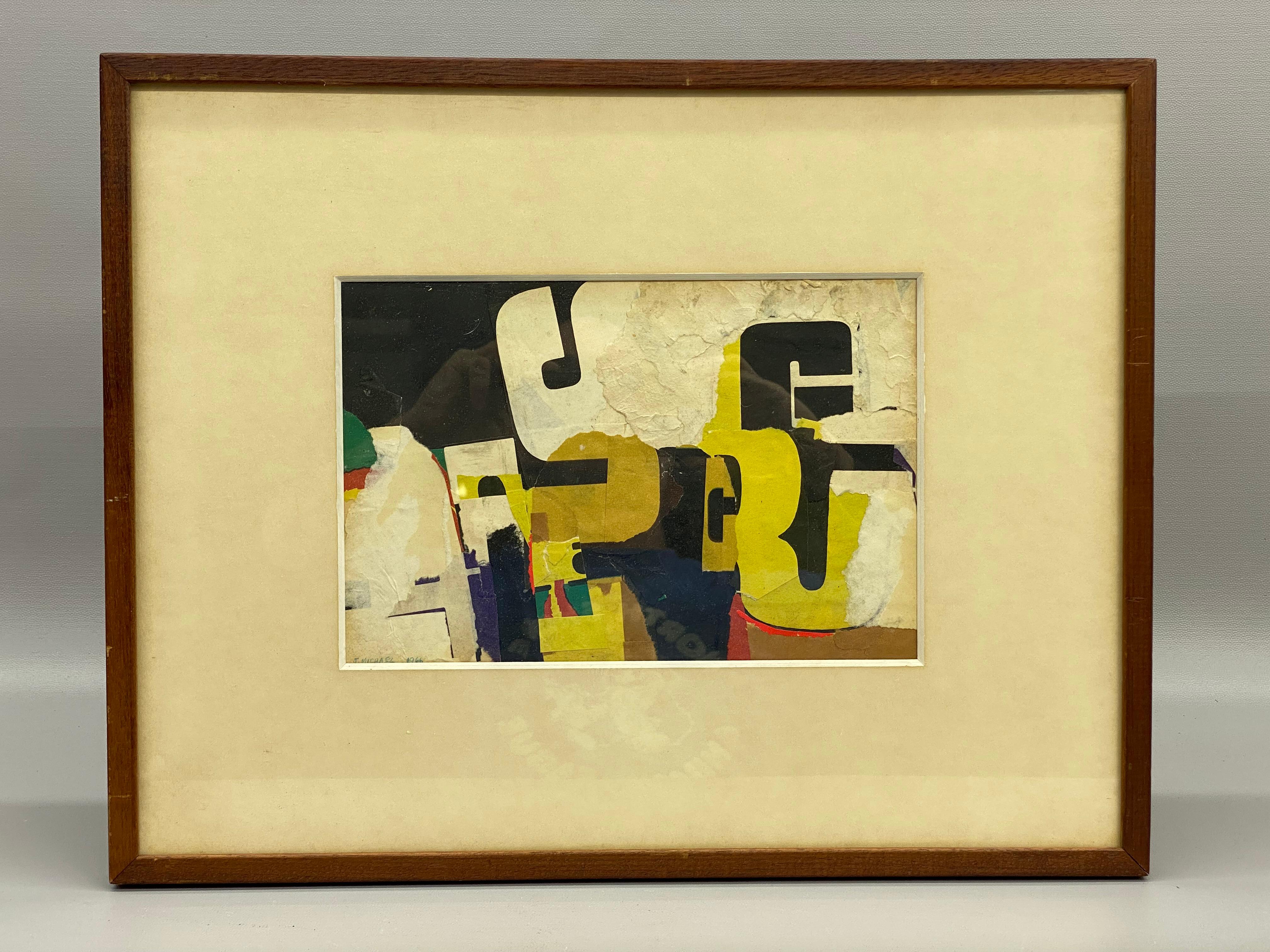 Collage en técnica mixta. Firmado y fechado abajo a la izquierda en lápiz azul, J. Michael, 1966. El tratamiento del marco consiste en una sencilla moldura de madera. La pieza está bajo cristal con un doble mate de color crema. El reverso conserva