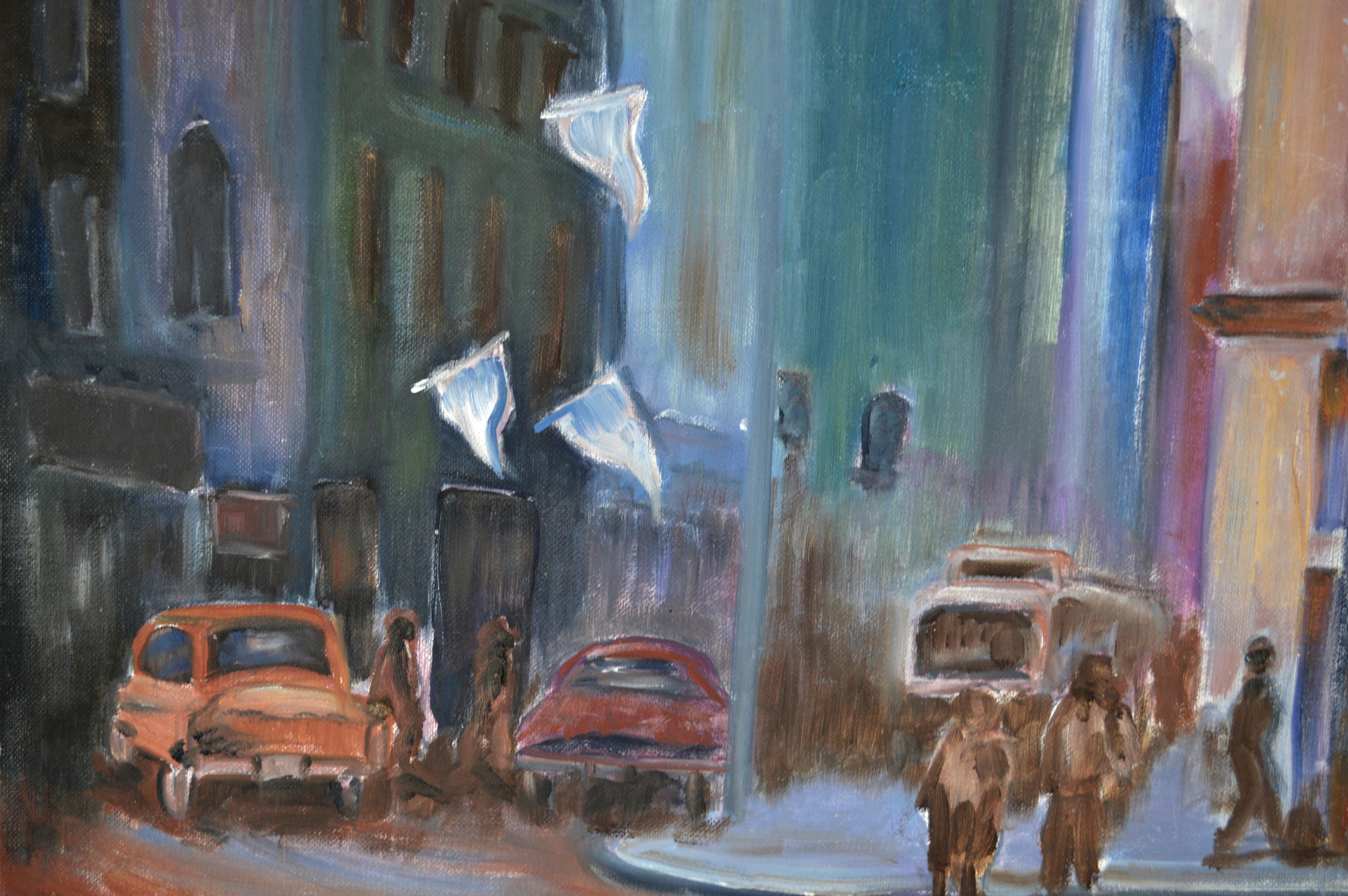 La vie nocturne dans la ville - Paysage urbain figuratif - Modernisme américain Painting par J Mirenda