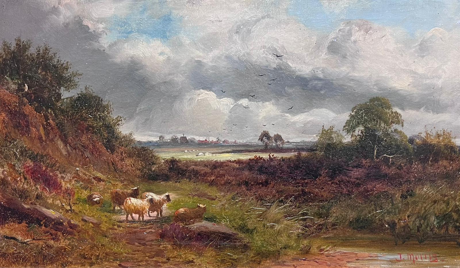 Fine Victorian Signed Oil Painting Pastoral Landscape with Sheep Brooding Skies - Brown Landscape Painting by J. Morris
