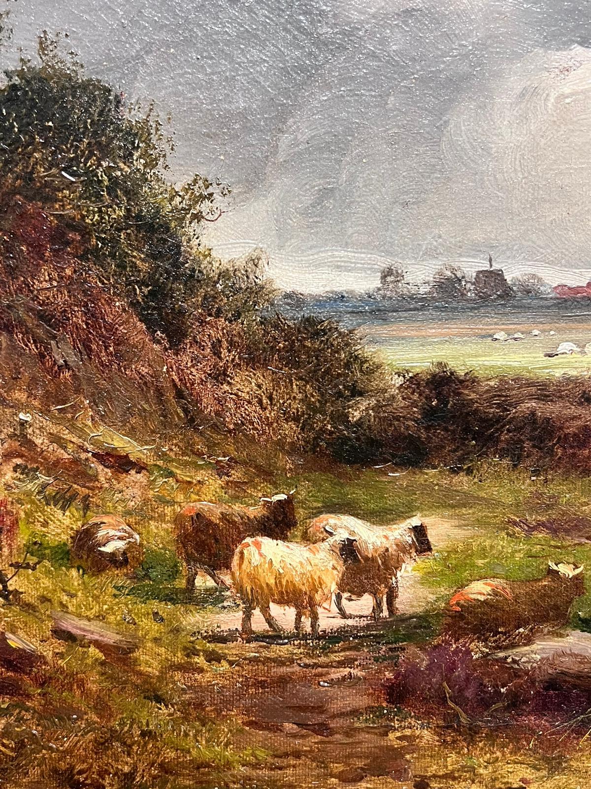 Fine Victorian Signed Oil Painting Pastoral Landscape with Sheep Brooding Skies For Sale 2