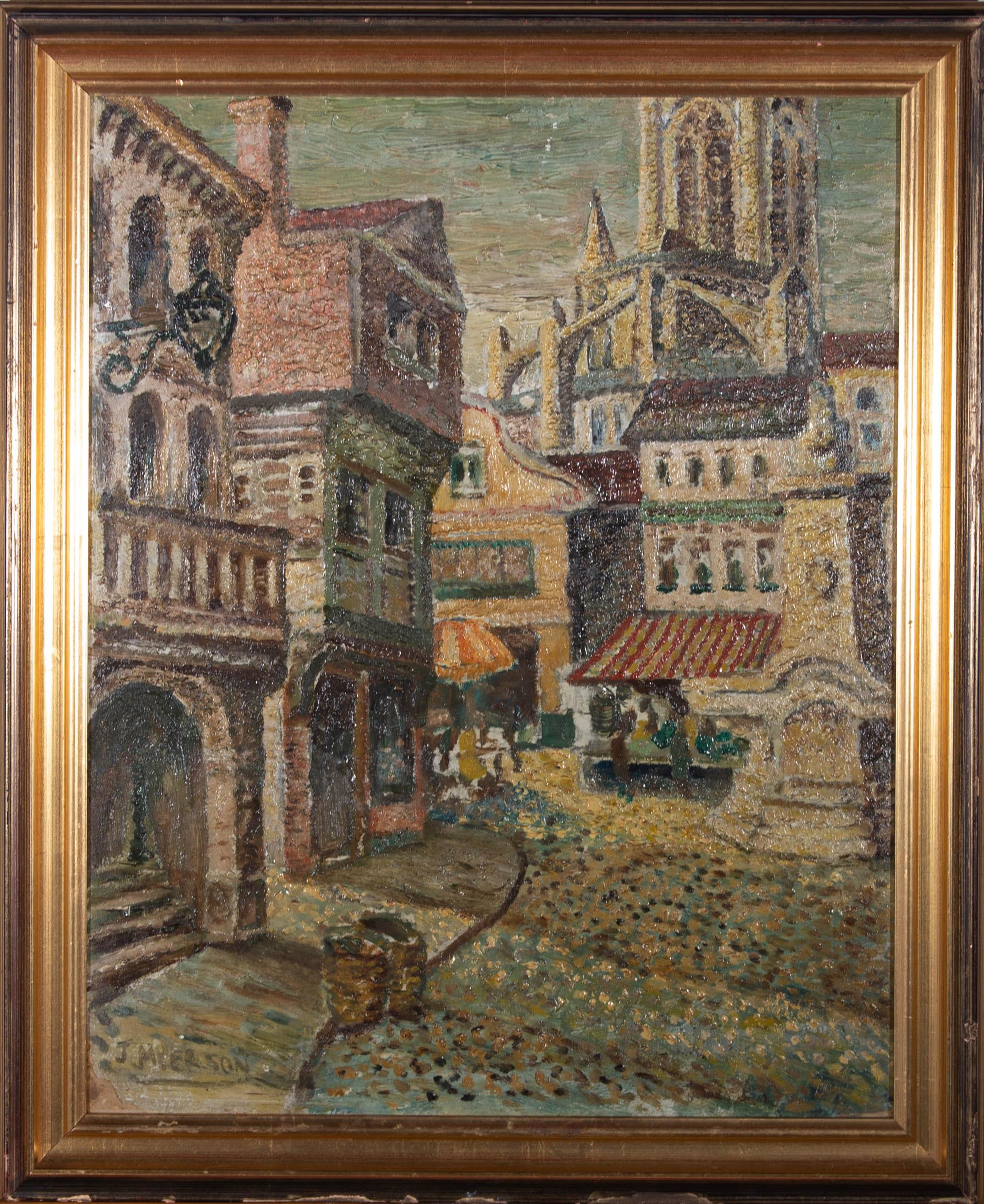 A thoroughly charming impressionistic street scene in an effective impasto style. The artist has used a pleasantly naive style to illustrate the simple architecture of the street shop facades with the grand form of a cathedral with flying buttresses
