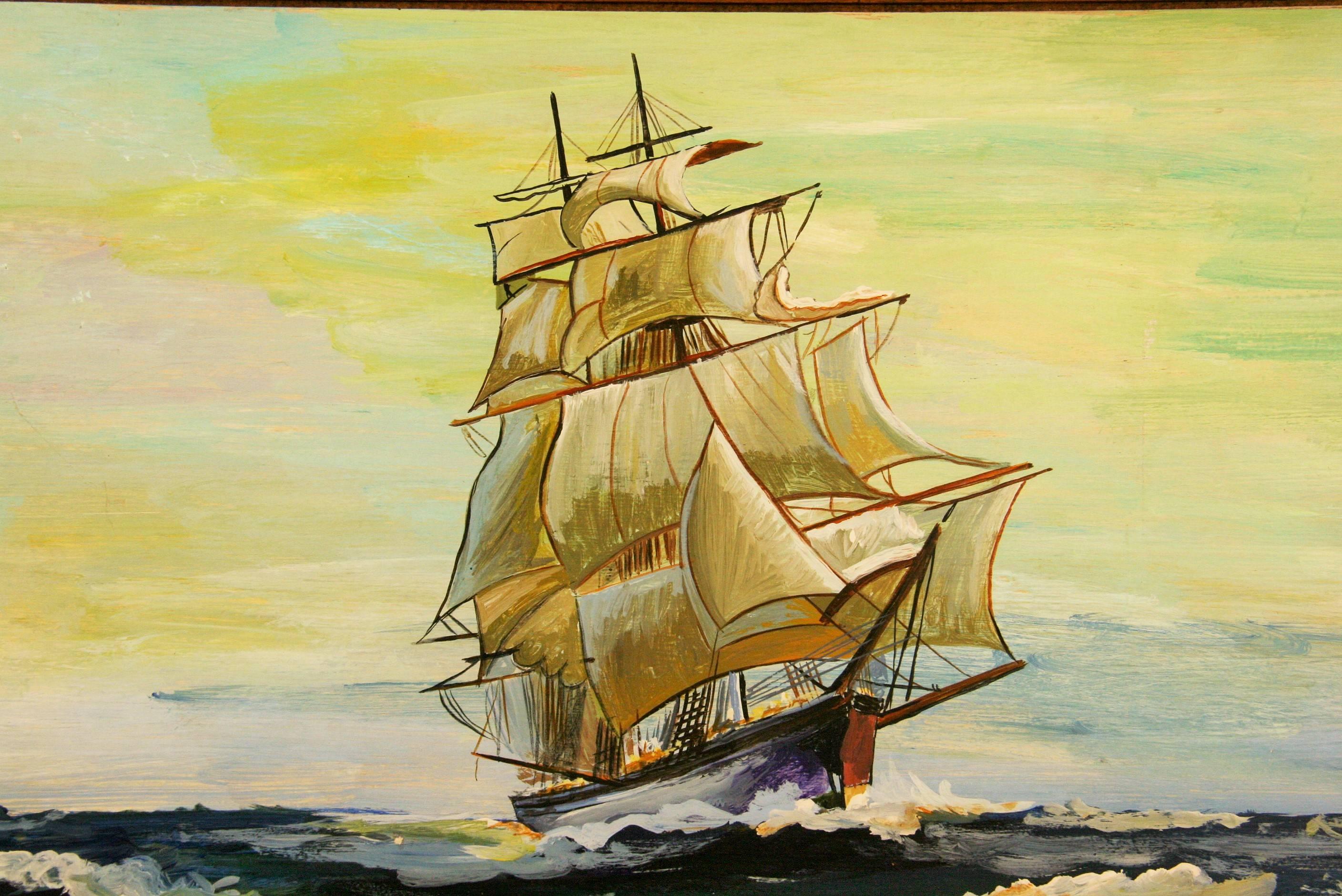 Antique grand navire de soucoupe  Paysage marin 1940's - Painting de J. Niannino