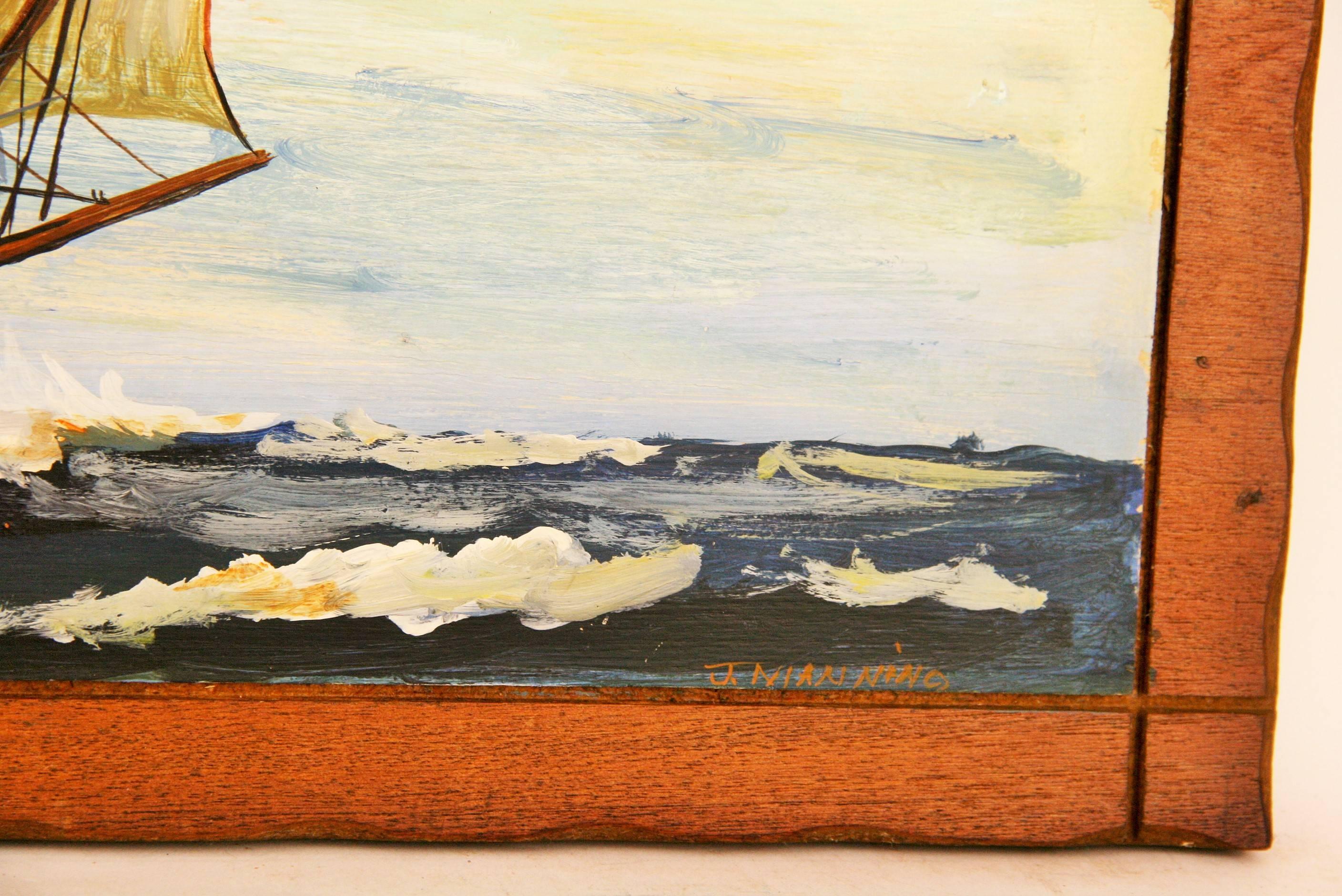 Antique grand navire de soucoupe  Paysage marin 1940's - Beige Landscape Painting par J. Niannino