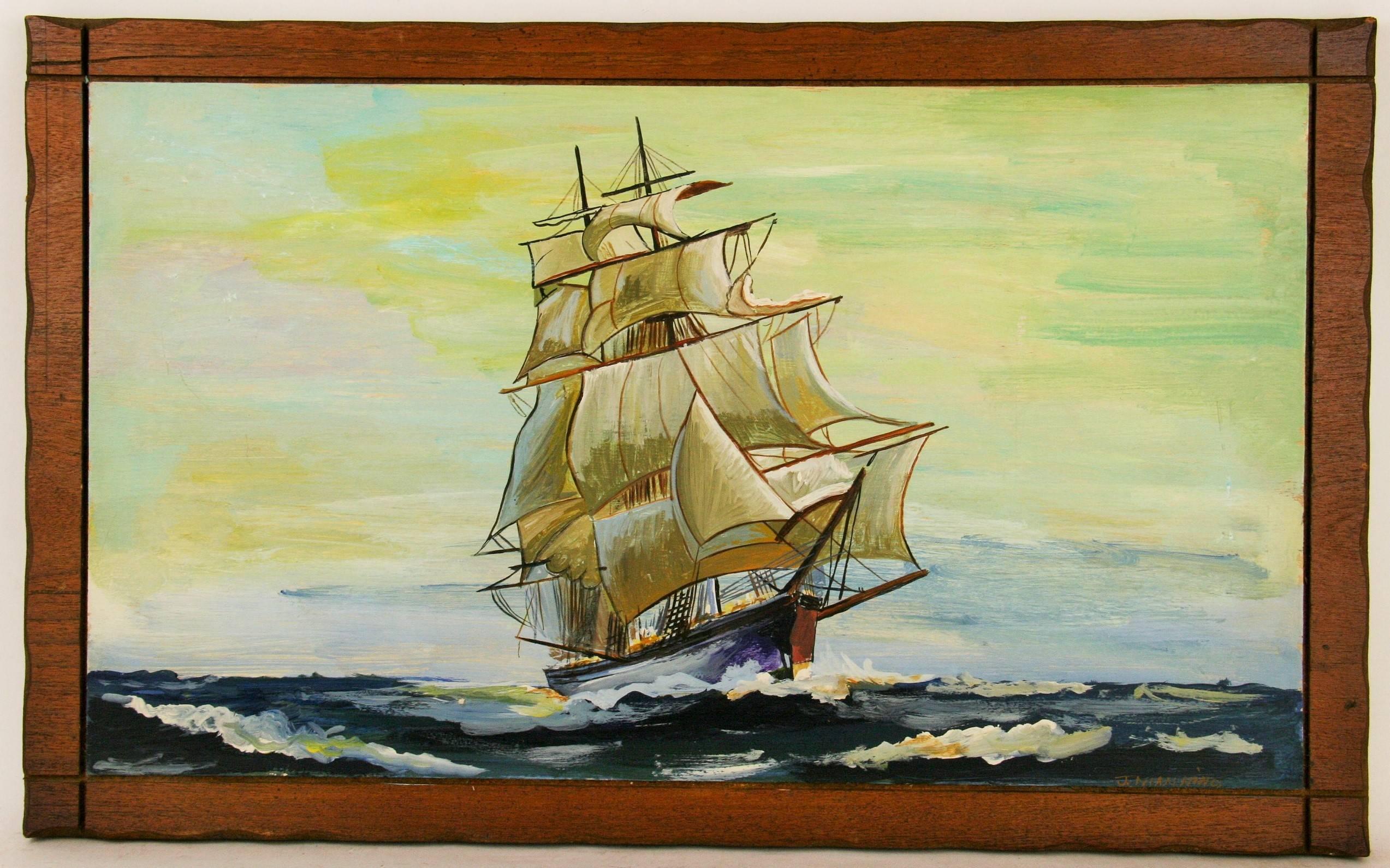 #5-2758a  Circa 1940's  Marine à l'huile sur plaque de bois, signée en bas à droite par J.Niannino