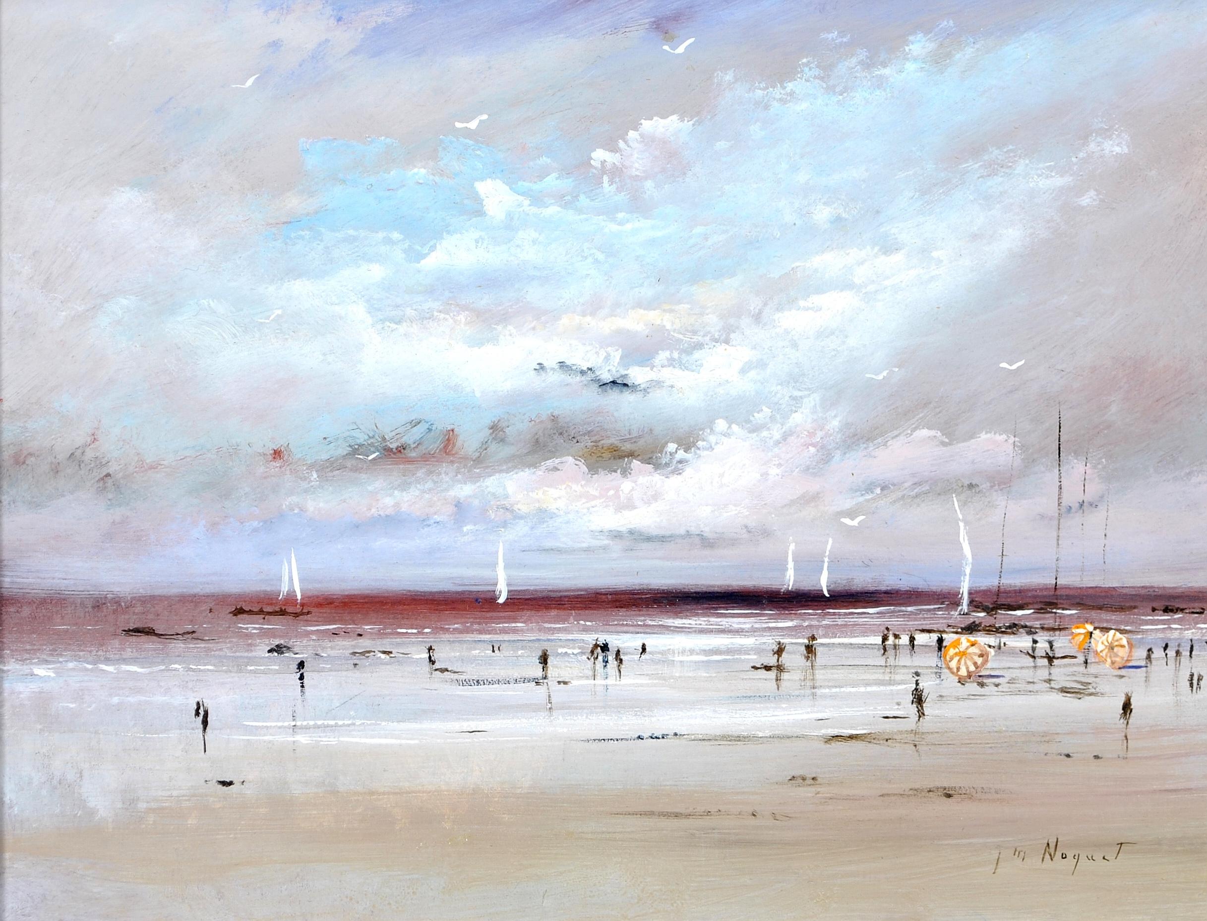 Figures sur la plage - Peinture impressionniste française du milieu du 20e siècle - Painting de J. Nocquet
