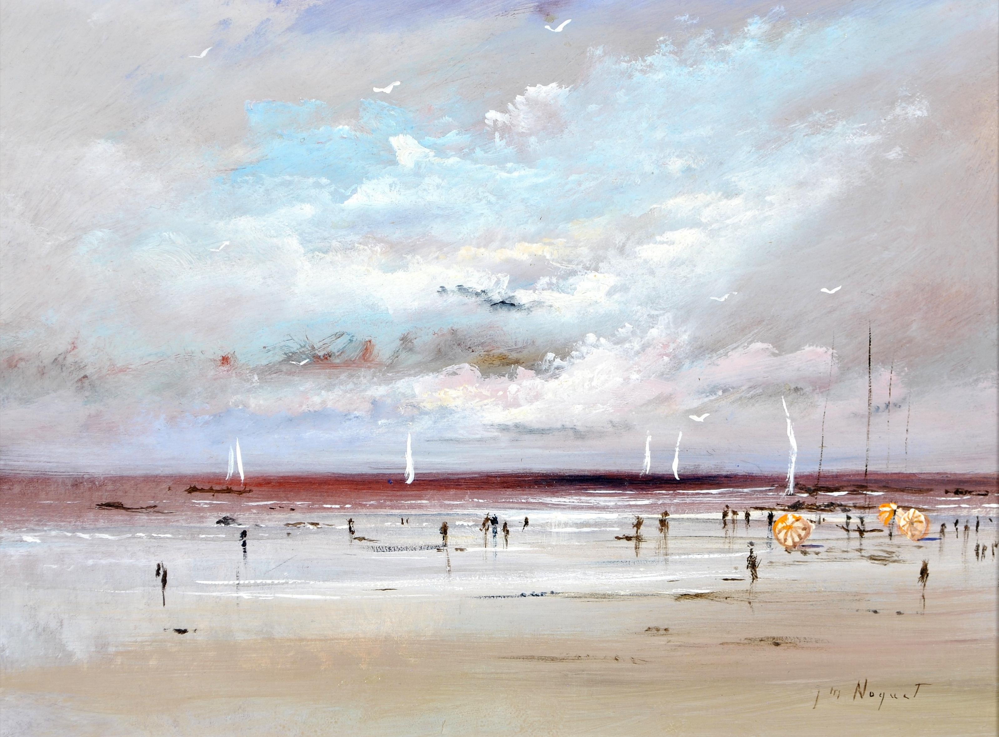 Figures sur la plage - Peinture impressionniste française du milieu du 20e siècle - Impressionnisme Painting par J. Nocquet
