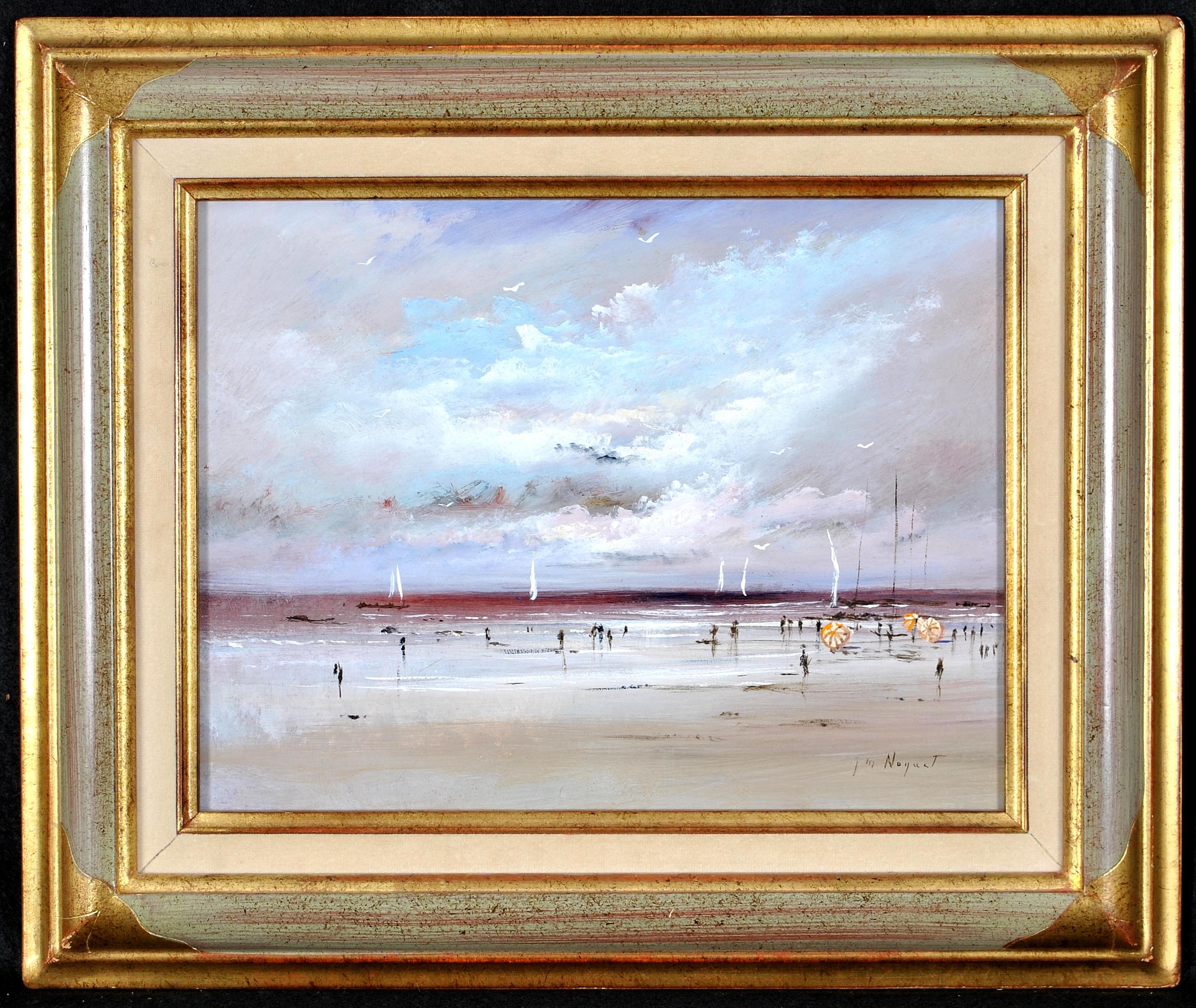 Landscape Painting J. Nocquet - Figures sur la plage - Peinture impressionniste française du milieu du 20e siècle