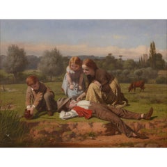 Large Victorian painting of children resting outdoors by J.O. Banks