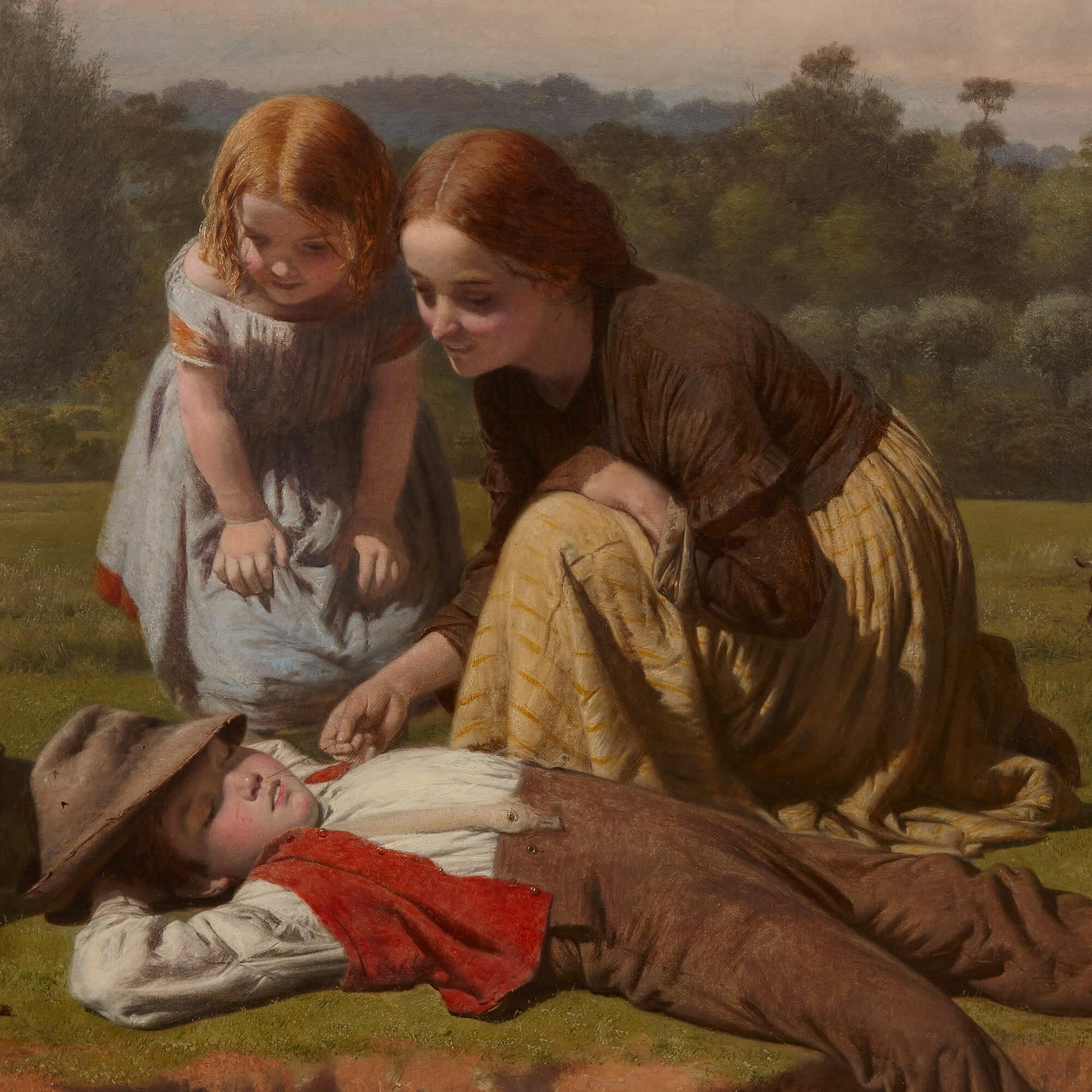 Grande peinture victorienne d'enfants se reposant à l'extérieur par J.O. Banques - Victorien Painting par J. O. Banks