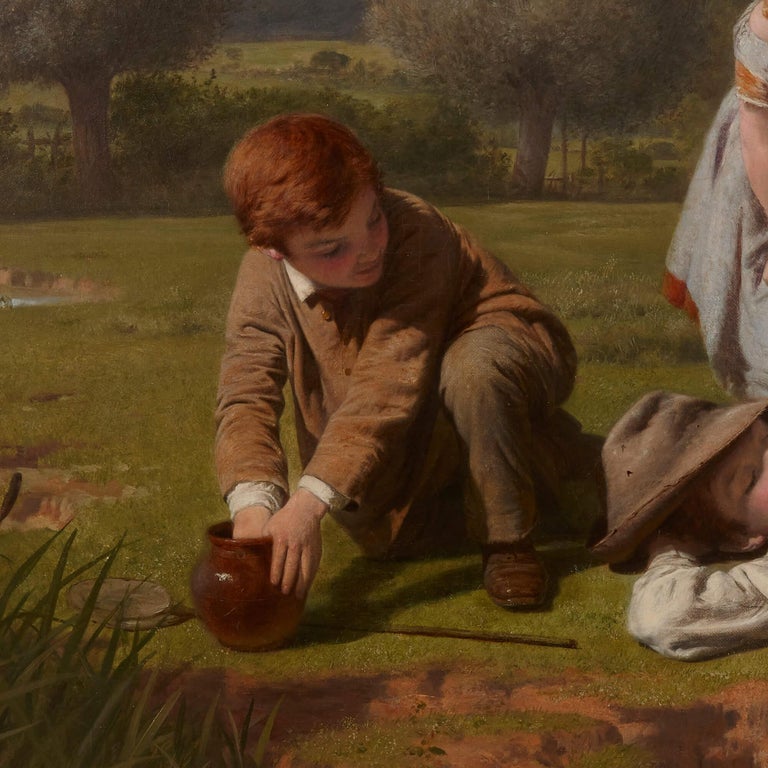 Large Victorian painting of children resting outdoors by J.O. Banks
English, late 19th Century
Frame: Height 91cm, width 111cm, depth 10cm
Canvas: Height 71cm, width 92cm, depth 3cm

This charming Victorian painting depicts a young family in an