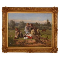 Large Victorian painting of children resting outdoors by J.O. Banks