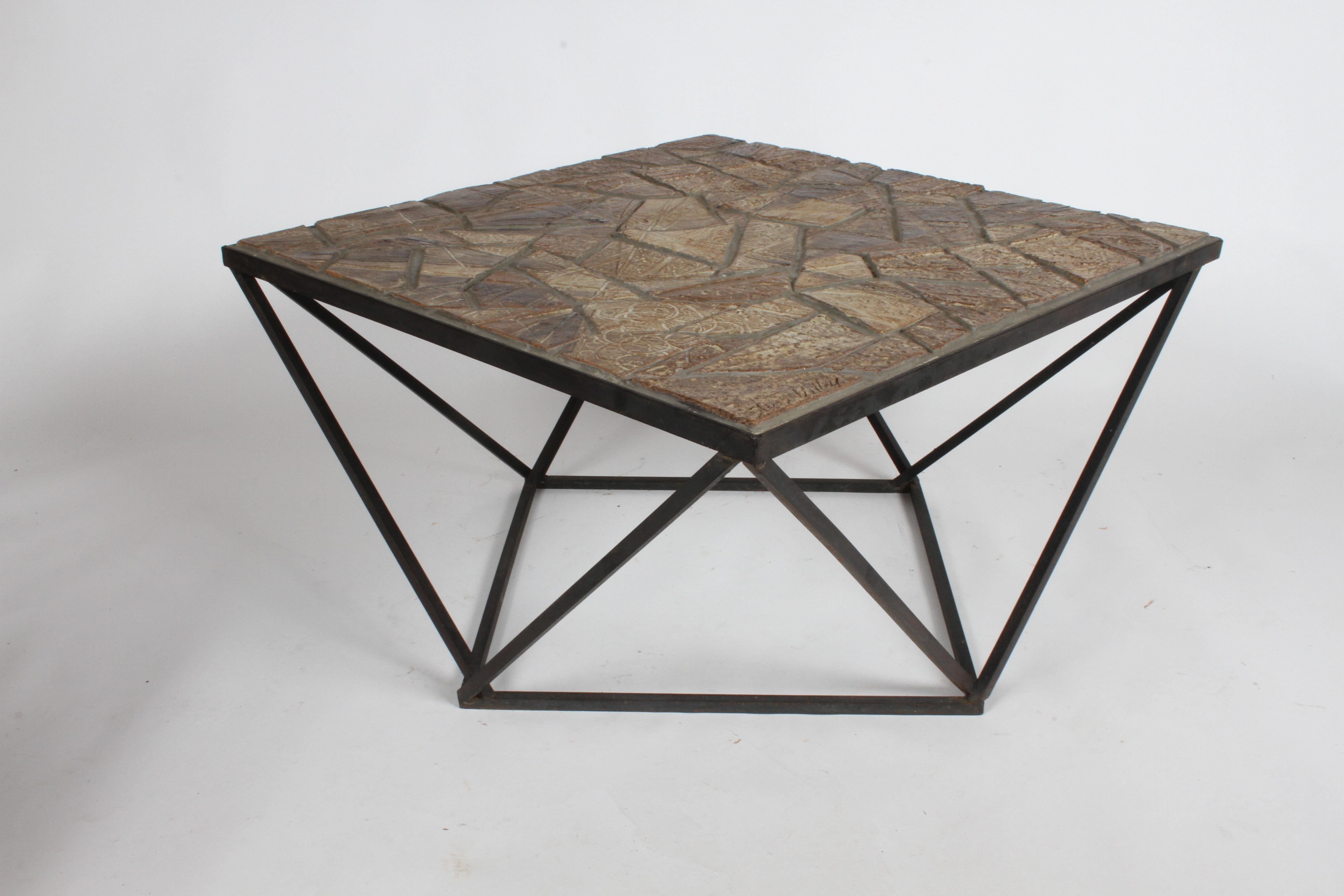 Artist Jesse Ormond Sanderson Jr. for Straw Valley Pottery of Chapel Hill, NC. Possibly one of a kind geometric / cubist coffee table with offset squares. Signed Straw Valley '61 JOS for J. Ormond Sanderson. Modernist form iron base with carefully