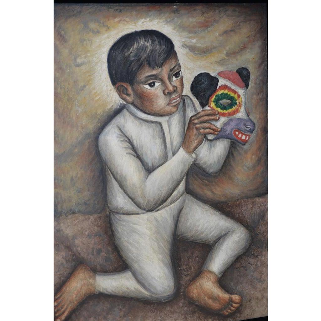 Jesus Ortiz Tajonar (1919-1990) Garçon avec masque de guerrier animal en papier mâché - Painting de J. Ortiz Tajonar 