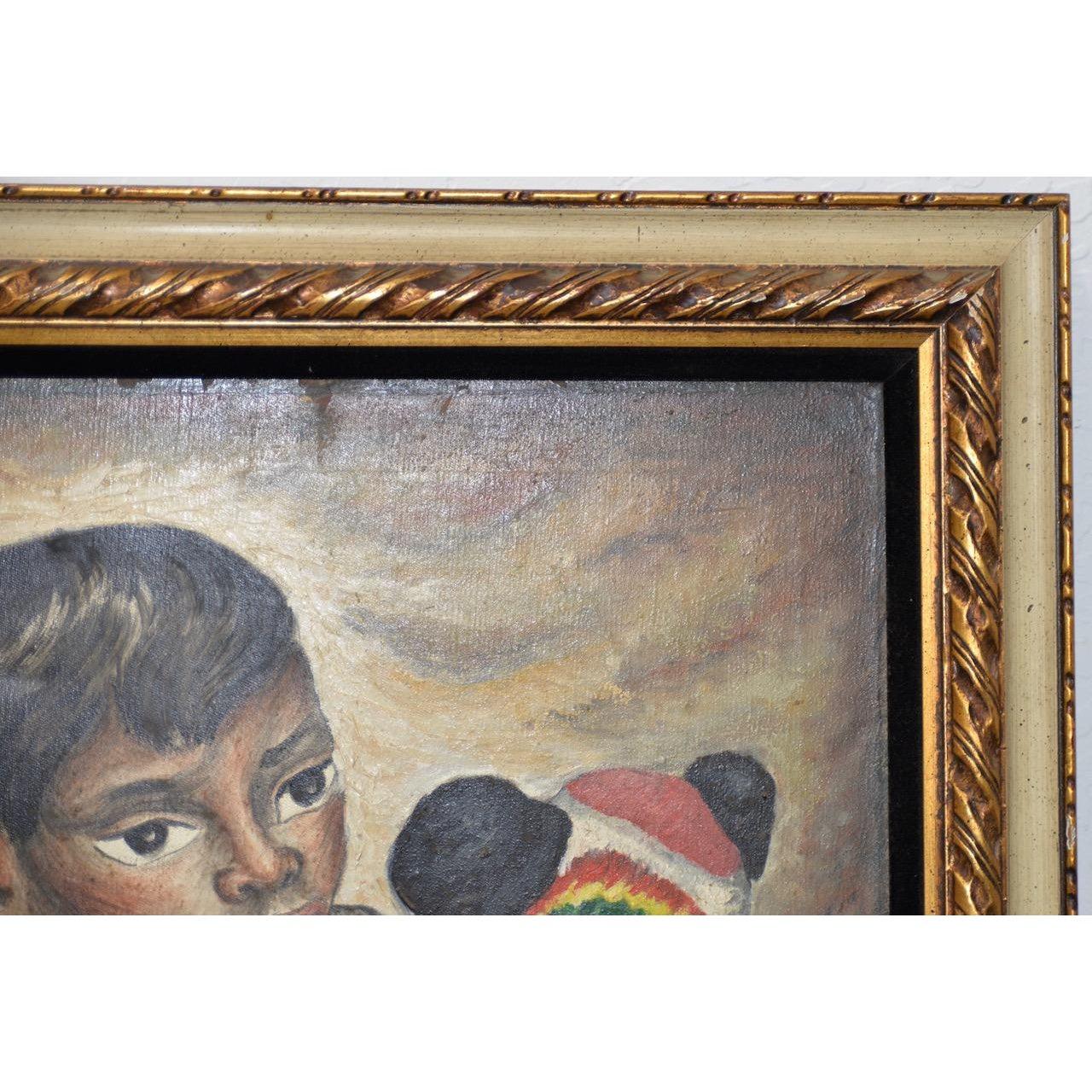 Jesus Ortiz Tajonar (1919-1990) Garçon avec masque de guerrier animal en papier mâché - Marron Figurative Painting par J. Ortiz Tajonar 