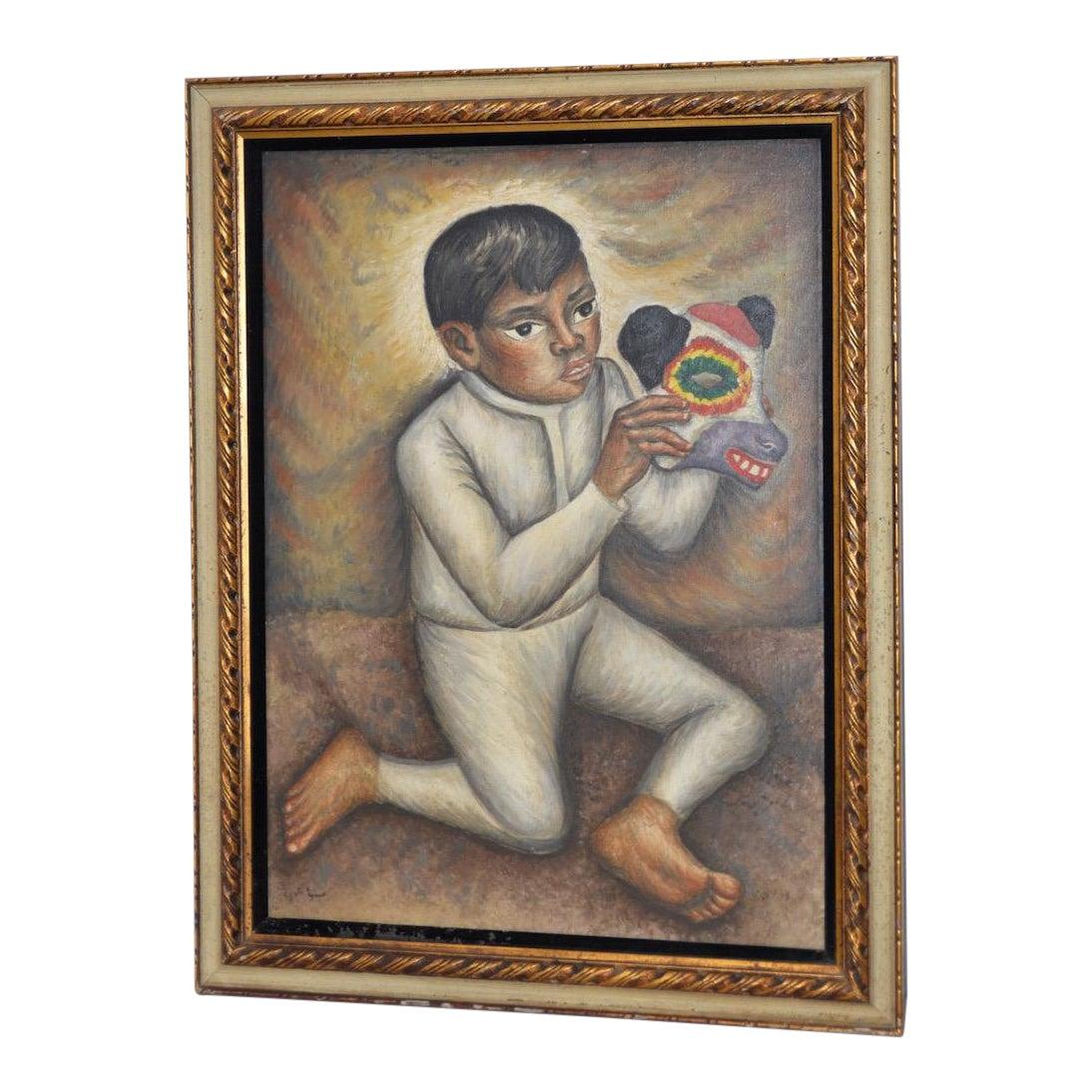 Figurative Painting J. Ortiz Tajonar  - Jesus Ortiz Tajonar (1919-1990) Garçon avec masque de guerrier animal en papier mâché