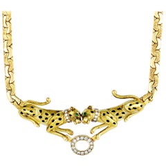 J. P. Bellin Diamond Yellow Gold 2 Panther Pendant Necklace