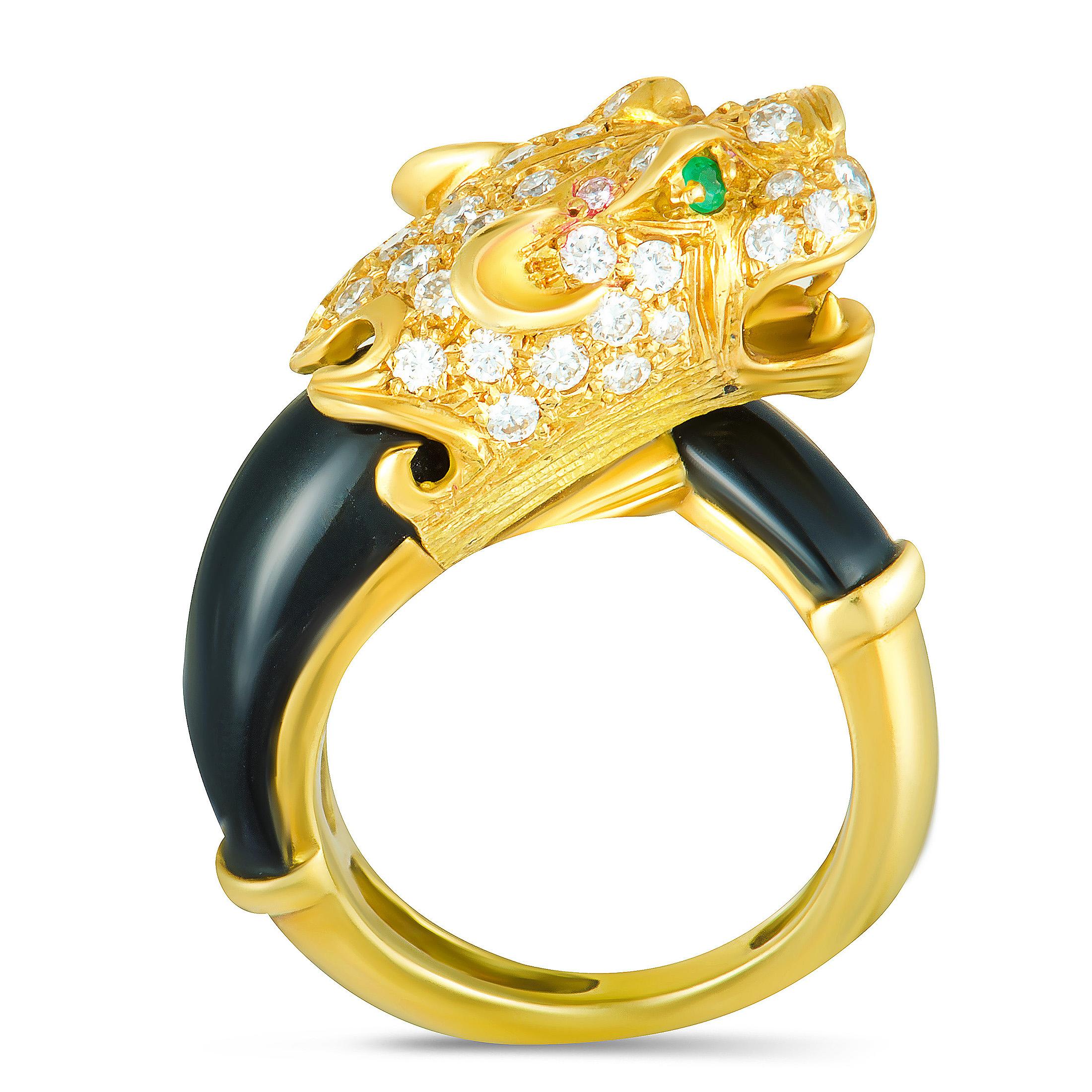 Depicting a panther in a compellingly luxurious manner, this stunning ring designed by J. P. Bellin will add an attractive fashionable twist to any ensemble of yours. The ring is expertly crafted from 18K gold and it is embellished with striking