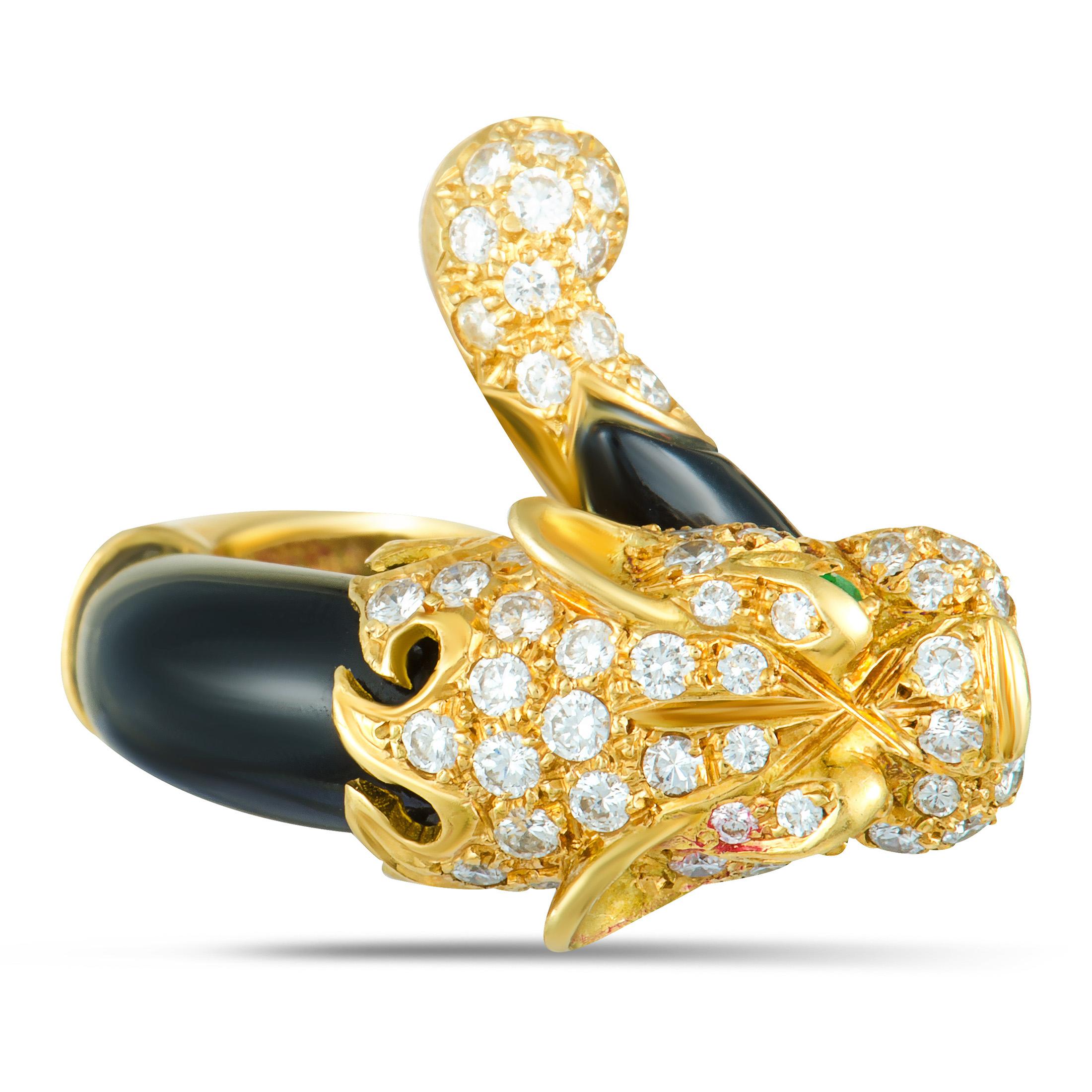 J. P. Bellin Diamonds, 2 Emeralds, and Onyx Yellow Gold Panther Ring 2