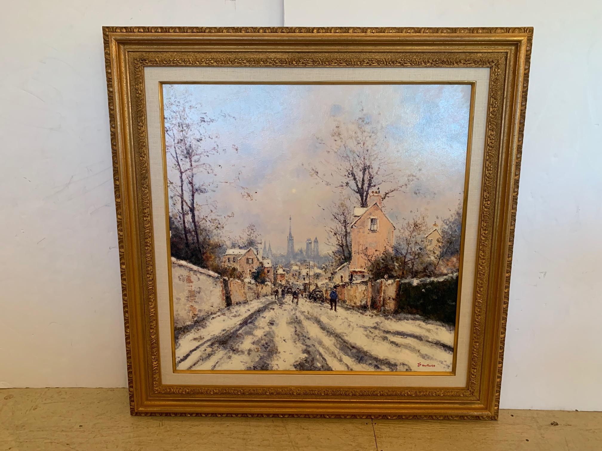 Striking large painting of listed French impressionist, J.P. Dubord. Subject is a village road covered in snow. Signed lower right. Dubordwas born in Rouen in 1940. After spending years in the French countryside, he returned to his native city to