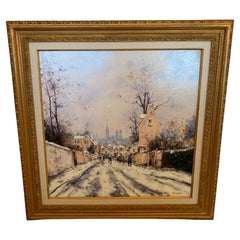 Vintage J P Dubord Original Large Canvas Painting of Winter Scene