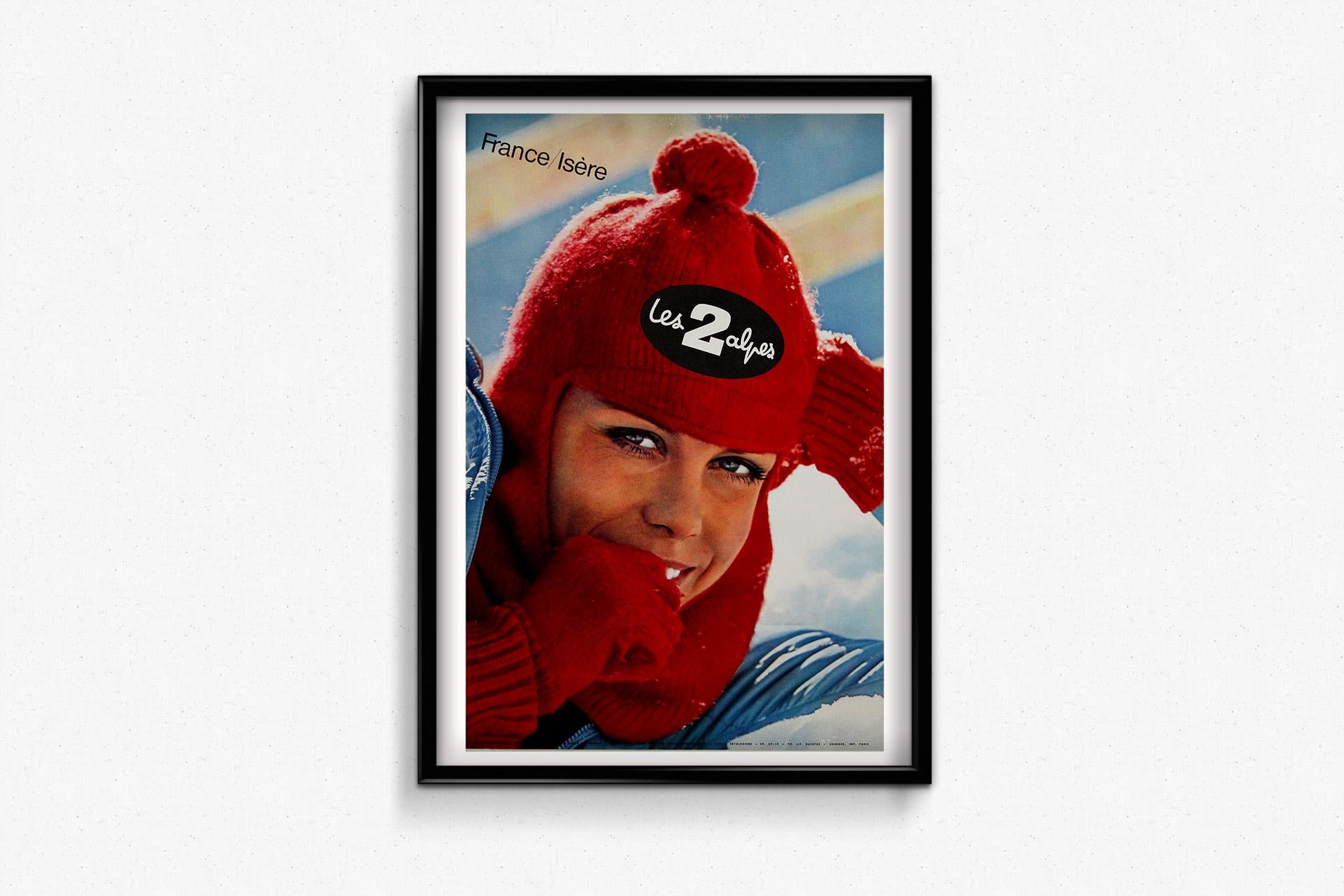 Vintage 1969 Reiseplakat - Les 2 Alpes, eines der bekanntesten Skigebiete Frankreichs im Angebot 2