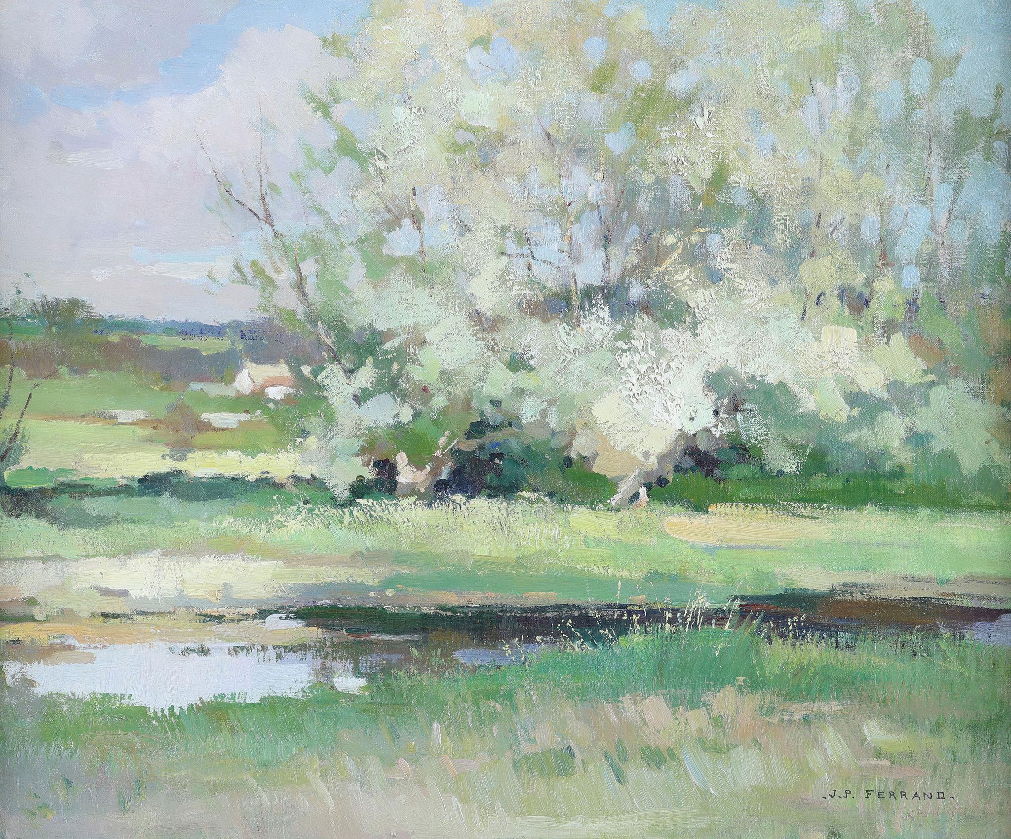 A River Landscape on a Summers Day - Painting by j p ferrand