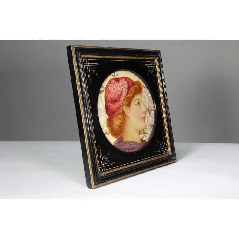 English J P Hewitt. Aesthetic Movement circular plaque with a Pre-Raphaelite girls head. For Sale