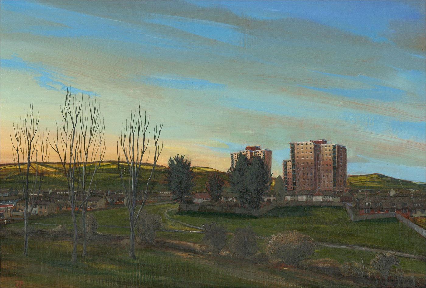 Ölgemälde „Sonnenuntergang“ von J. P. aus dem Suburbs im Angebot 1
