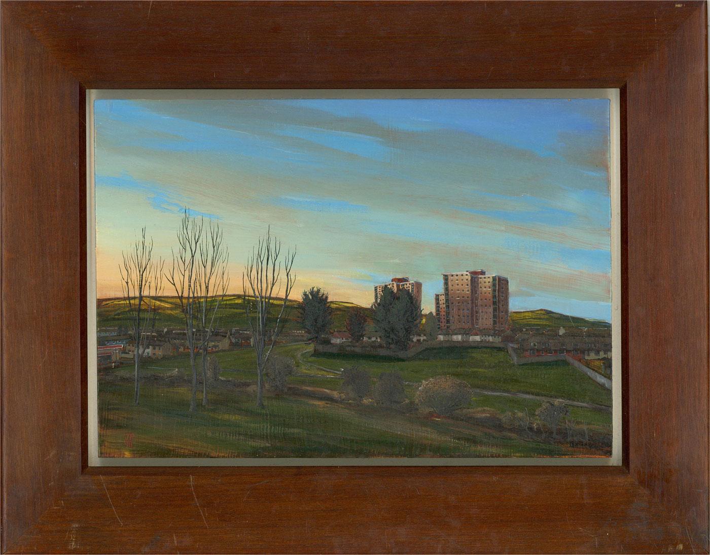 A fine 20th Century landscape with varying styles of suburb buildings being softly illuminated by a blushing sunset on a crisp Winter's afternoon. The artist has initialed and dated to the lower left and the painting has been presented in floating