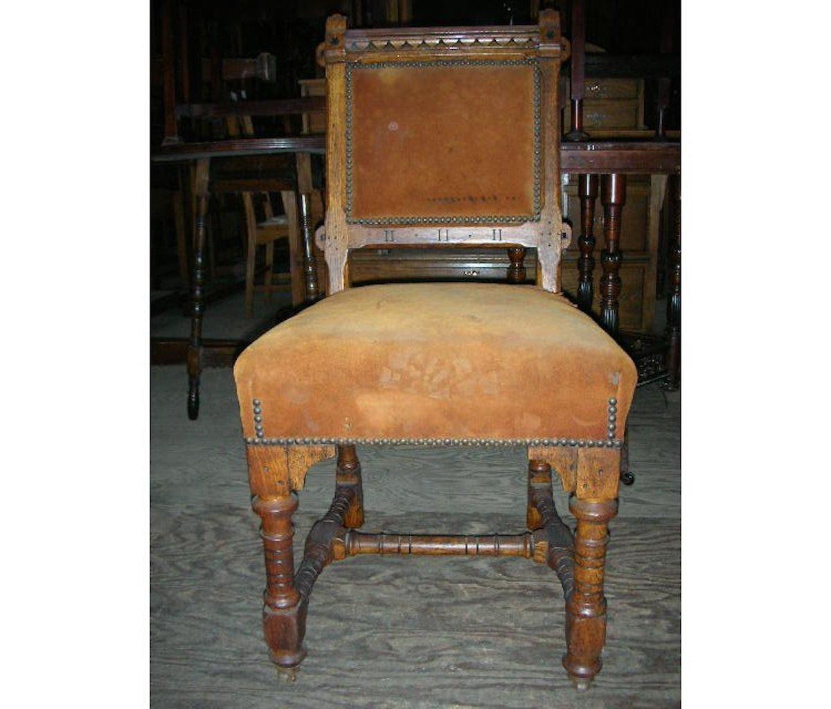 Mid-19th Century J P Seddon, Exhibited Crystal Palace 1851. Six Gothic Revival oak dining chairs For Sale