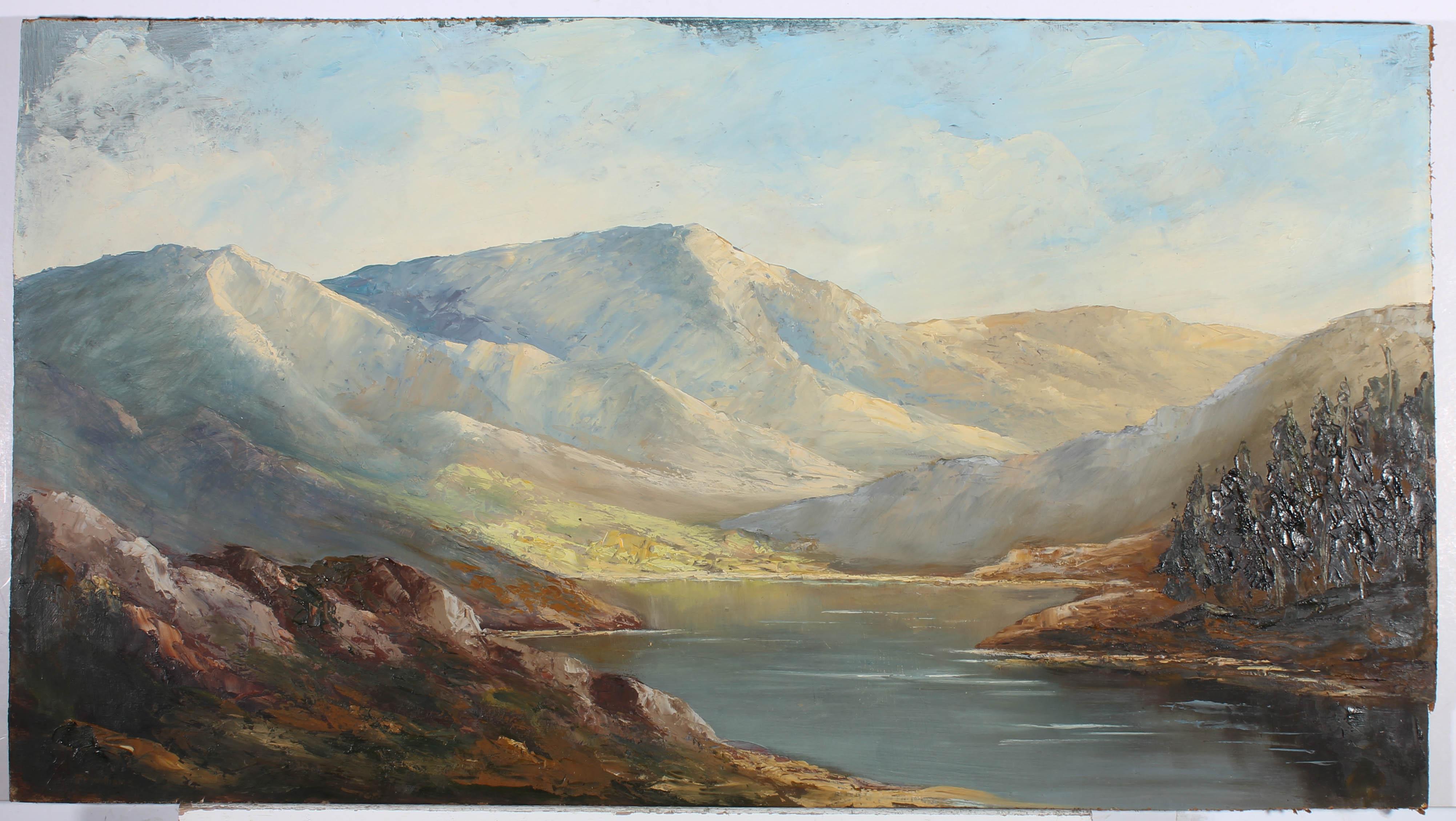 A breathtaking oil landscape showing an imposing mountain range with a serene lake in the middle of the hills. The artist has signed to the lower left corner. On board.