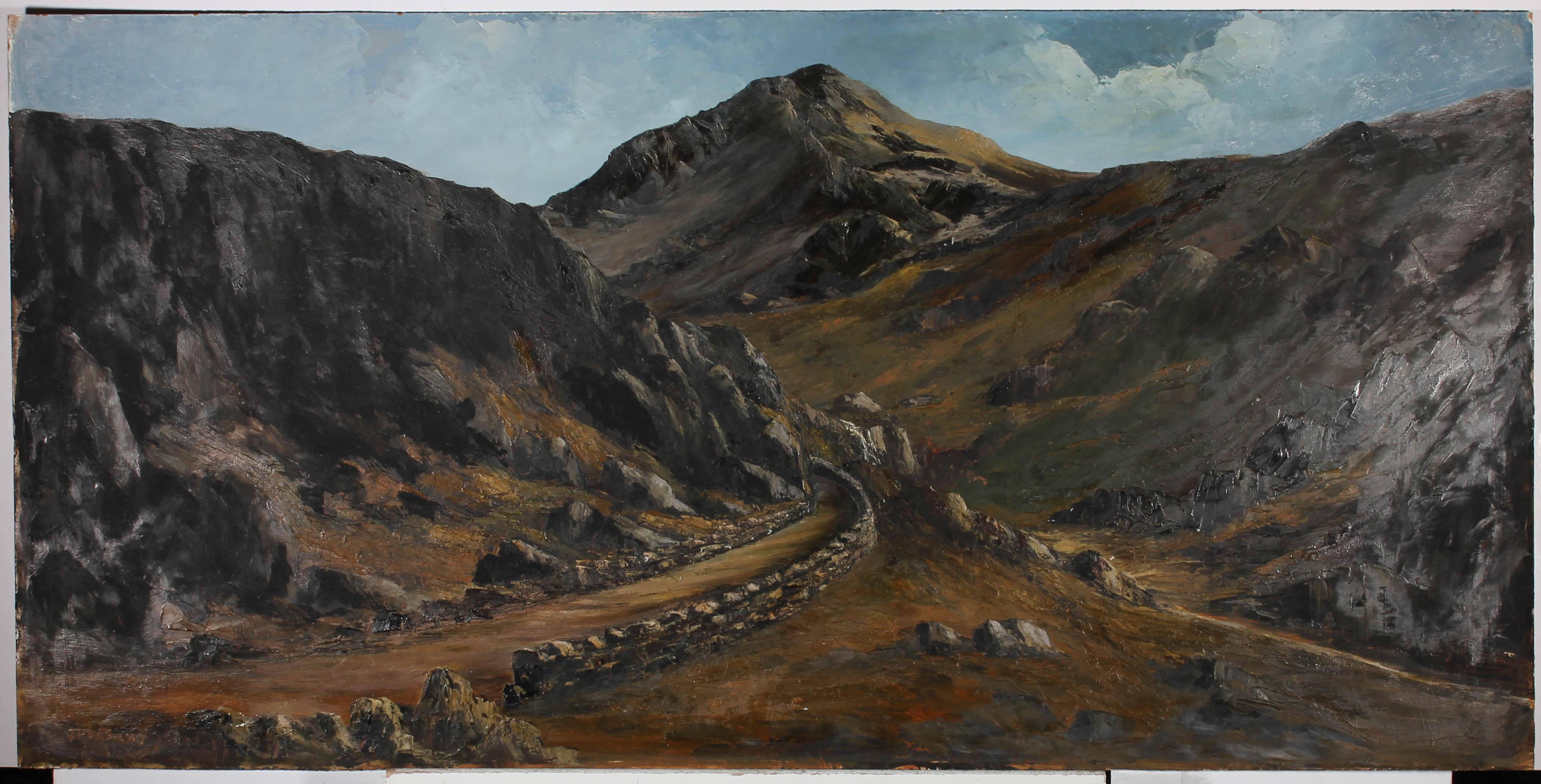 A fine 20th Century landscape in impasto oil showing a winding path into rocky hills. The artist has signed to the lower left. On board.
