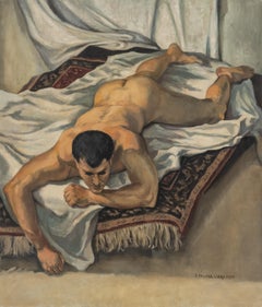 Modelo desnuda boca abajo sobre alfombra oriental - pintura al óleo de J. Palmer Libby.