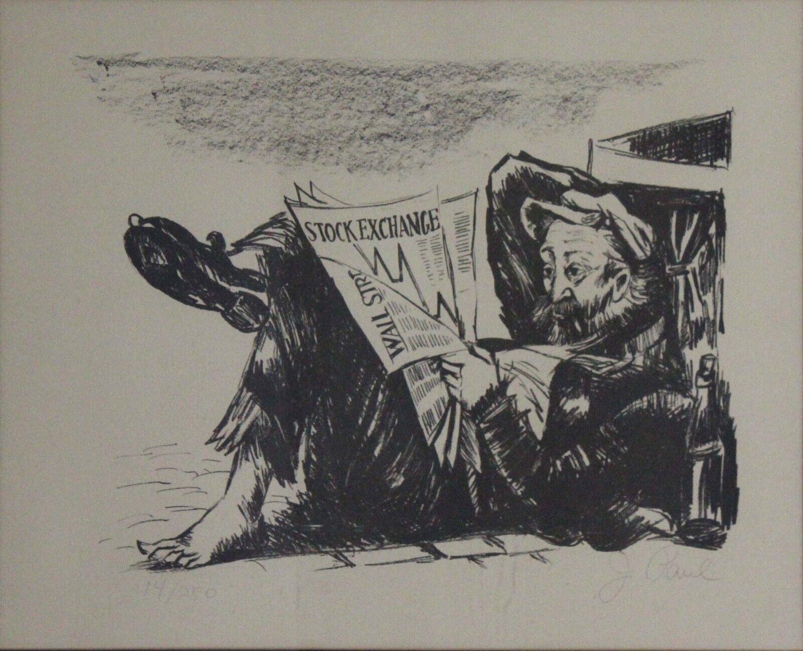 We are offering in Michiganthis contemplative and satirical etching depicting a homeless man holding a newspaper titled Wall Street Stock Exchange. Signed in pencil on the bottom right by J. Paul with an annotation of 14/250. Dimensions: 25.25