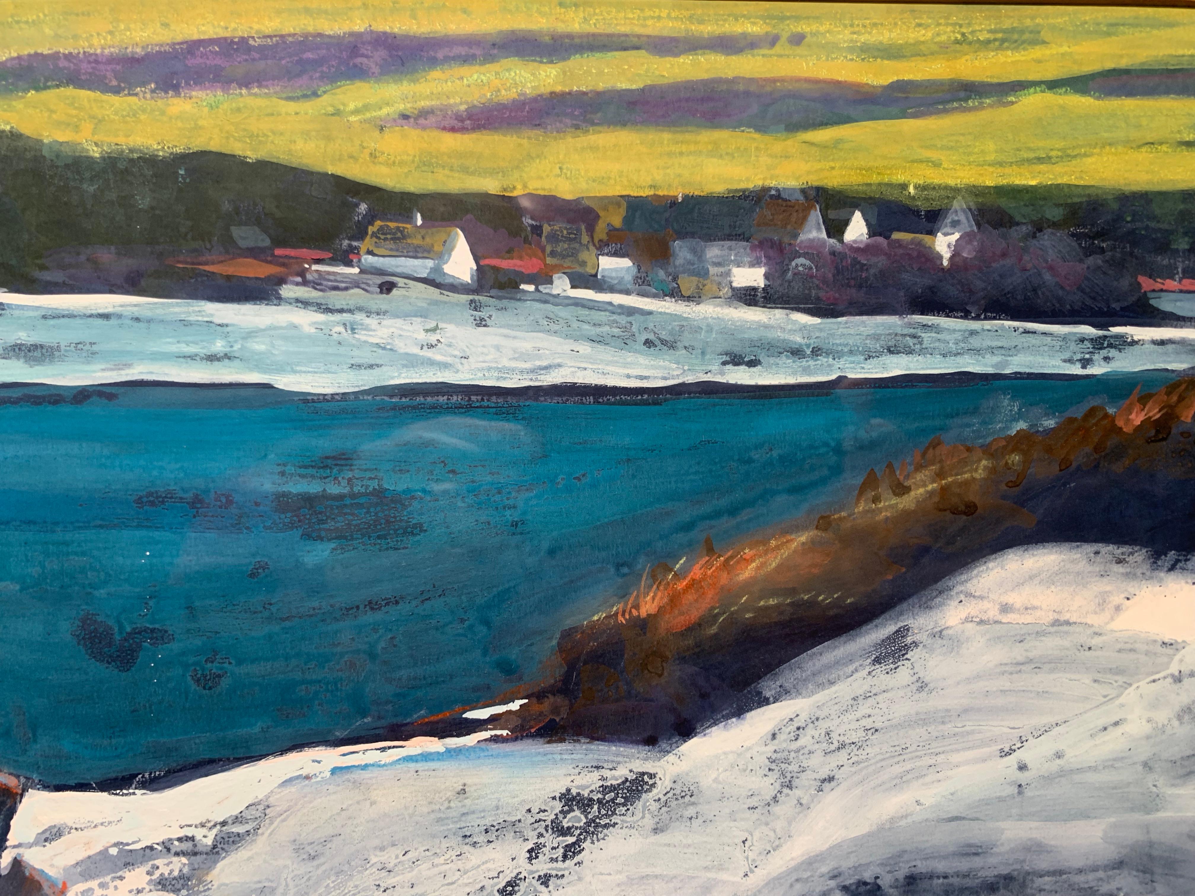 Bellissimo paesaggio invernale dell'artista americano J. Philip Richards (1906-1991). Maine Morning, 1974. Caseina su carta, 16 x 26 pollici; 26 x 36 pollici incorniciato. Firmato in basso a destra. Firmato, intitolato e datato sul verso. Condizioni