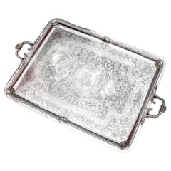Antique J. Piault – large 19th century solid silver serving tray
