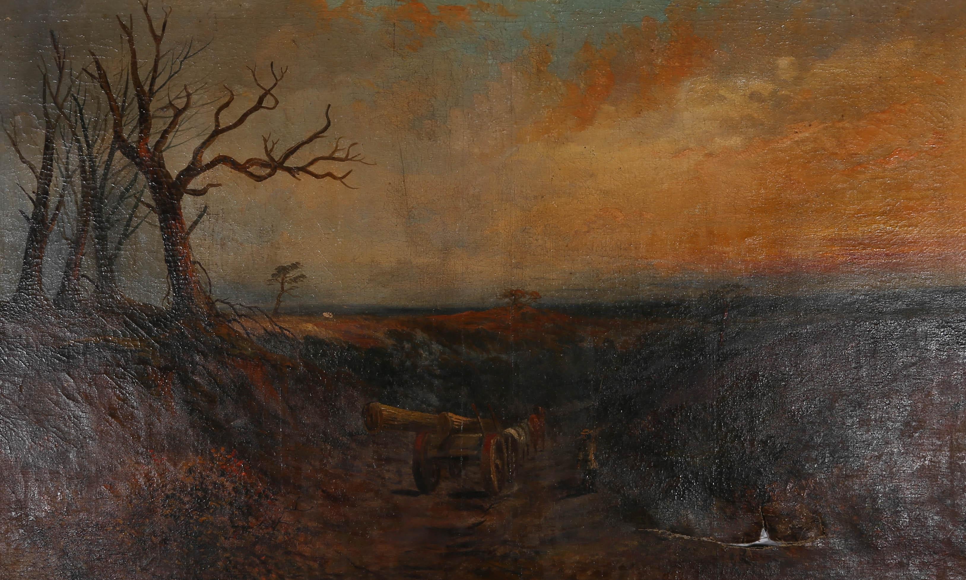 A fine American School oil landscape from the late 19th Century, showing a figure walking beside their logging cart, pulled by a horse under a golden sunset. Stark trees stand to the left of the path and the sun disappears on the horizon to the