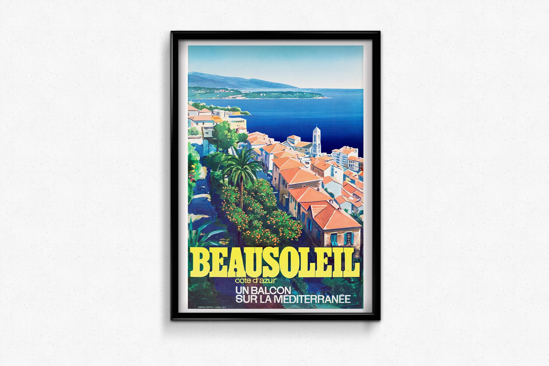 This beautiful advertising poster was made for the city of Beausoleil, we see a sketch of the city, with the Mediterranean Sea in the background and houses and plantations in the foreground.
An ideal vacation or tourism setting for all lovers of the