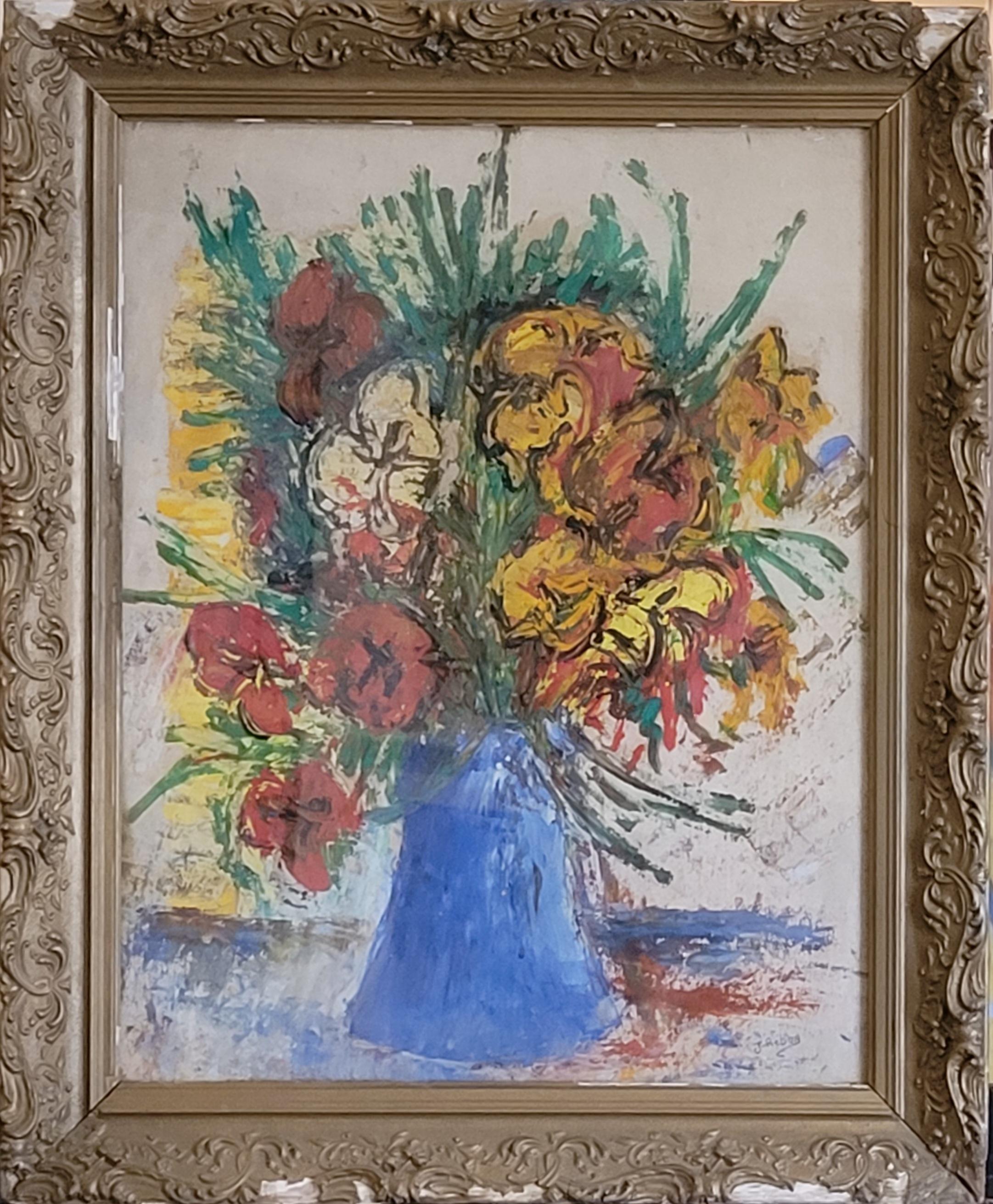 J Reboa Still-Life Painting - Mid-Century Still-Life Gouache of Flowers. 'The Blue Vase'. Signed.