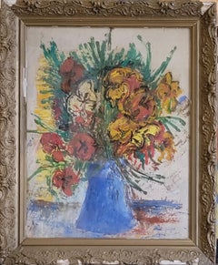 Nature morte a guazzo con fiori della metà del secolo. “Il vaso blu”. Firmato.