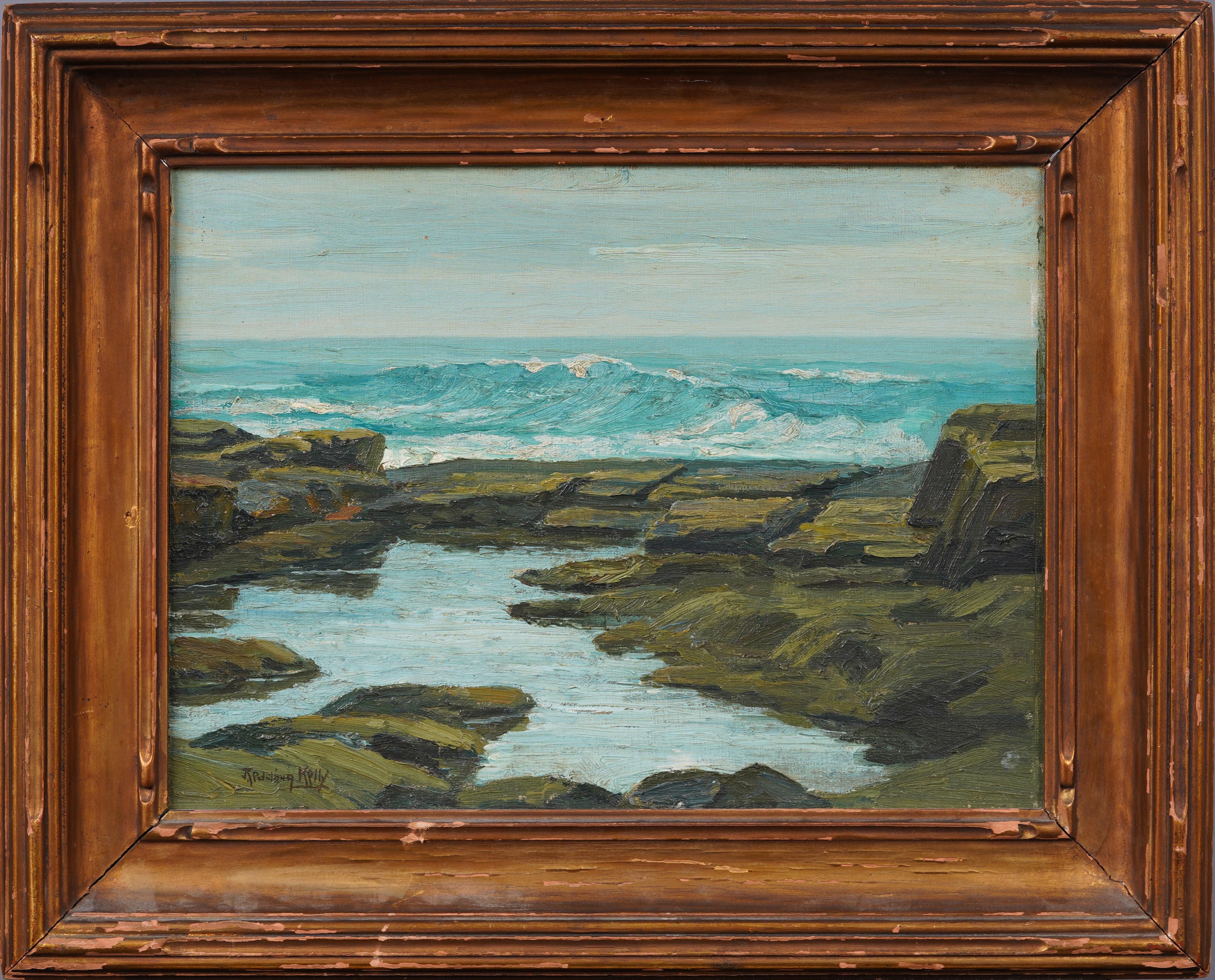 Antiguo paisaje marino impresionista americano Olas rompientes Pintura al óleo enmarcada - Painting de J. Redding Kelly