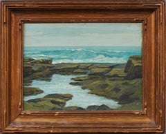 Antico quadro a olio impressionista americano con cornice, paesaggio marino con onde che si infrangono