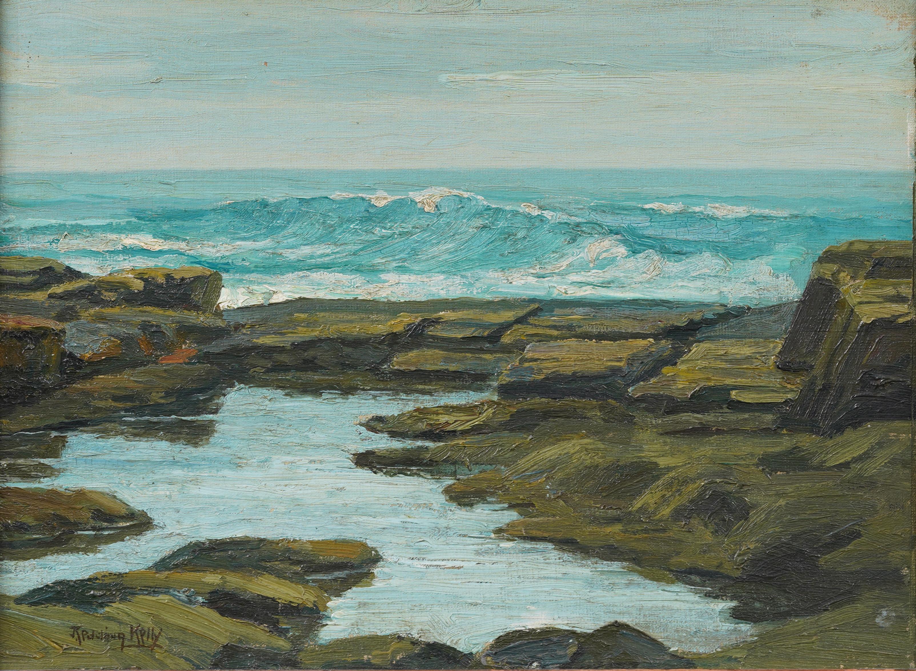 Antiguo paisaje marino impresionista americano Olas rompientes Pintura al óleo enmarcada - Painting Impresionista de J. Redding Kelly