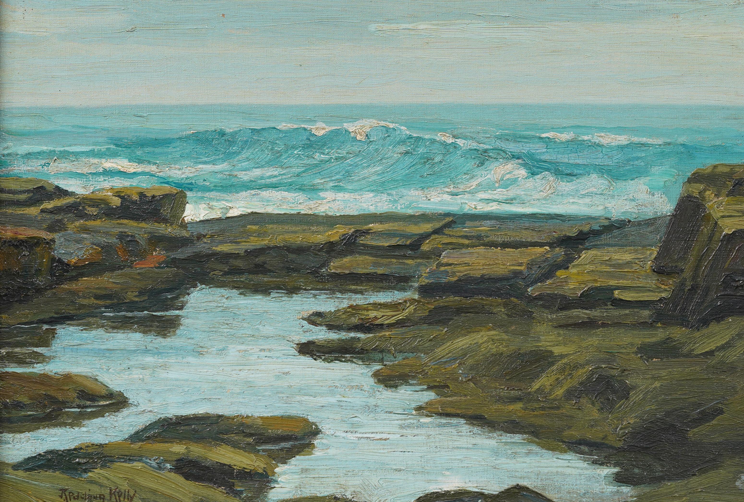 Antiguo óleo impresionista americano de paisajes marinos, de J. Redding Kelly (1870 - 1939). Óleo sobre tabla. Firmado. Enmarcado. Mide 18 por 21 pulgadas en total y 12 por 16 pintado solo.