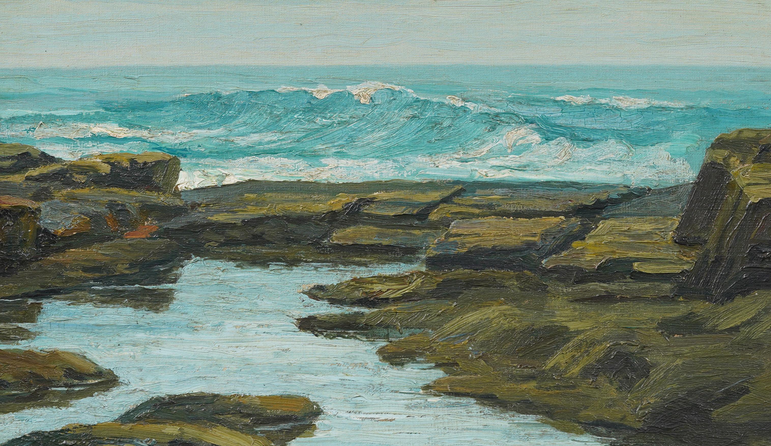 Antiguo paisaje marino impresionista americano Olas rompientes Pintura al óleo enmarcada en venta 1